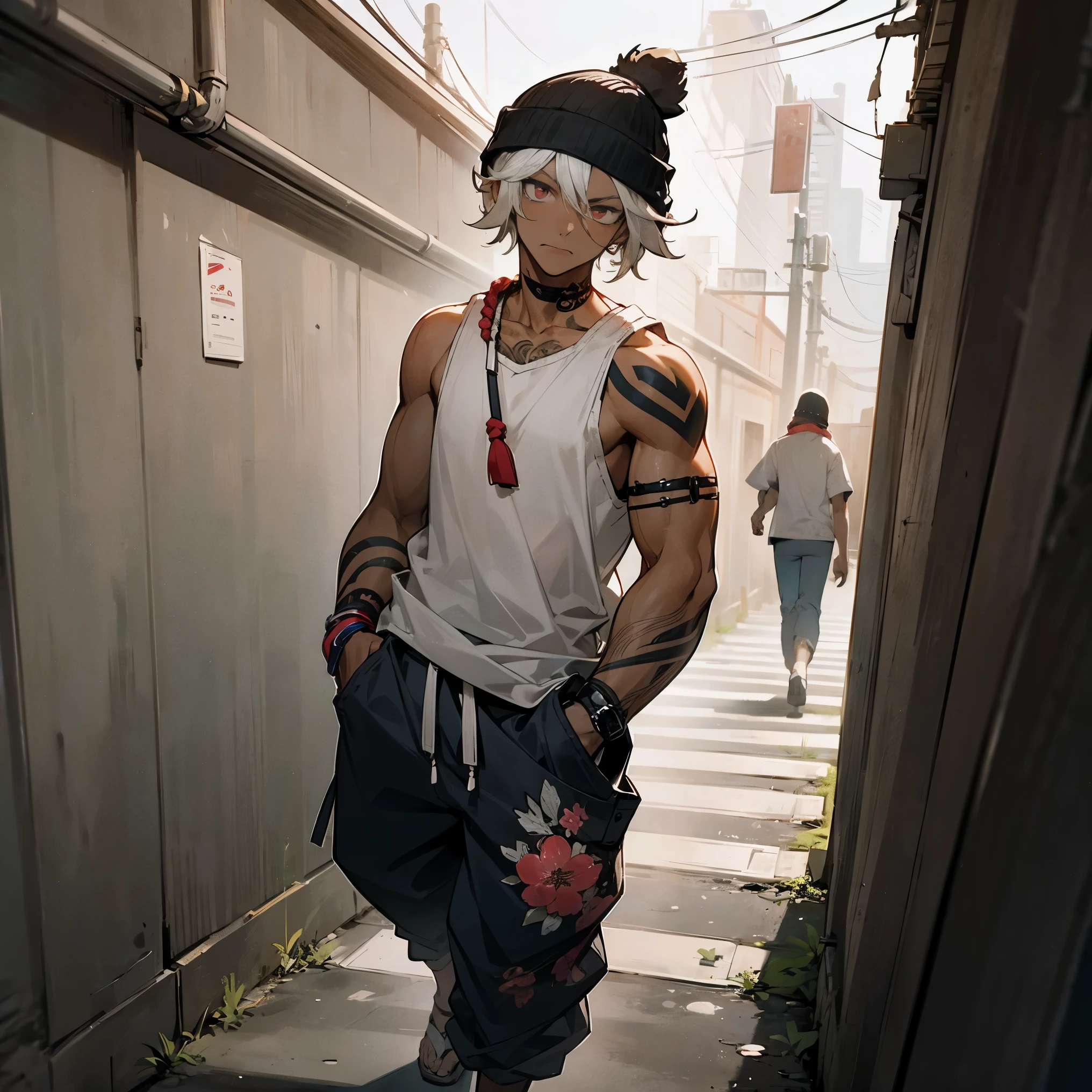 1male, young teen, dark skin, finely detailed coral eyes, short messy hair, floral white ombré hair color, undercut, loose sleeveless haori, loose baggy pants, beanie, hands in pockets, walking down alley, night, somber expression, village, serious, tattoos, muscular 