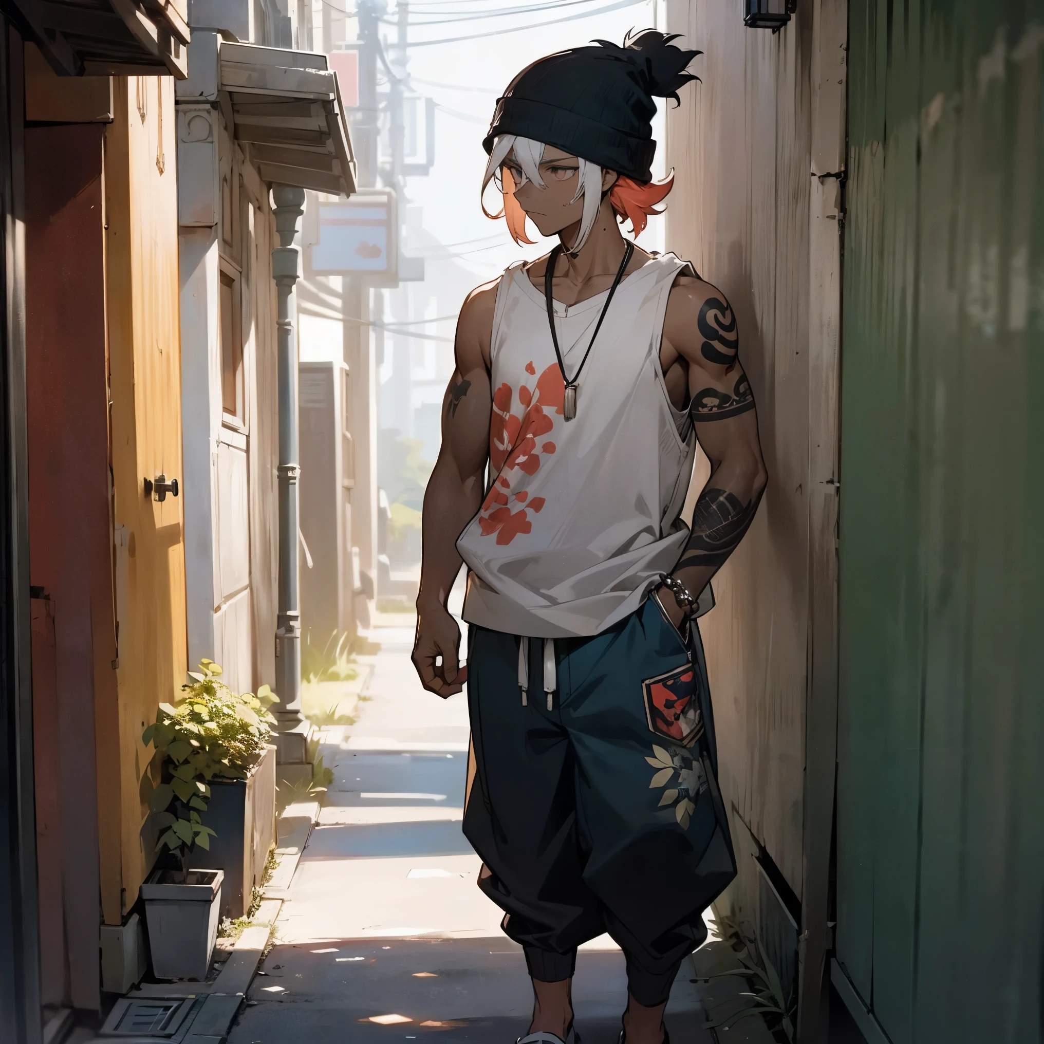 1male, young teen, dark skin, finely detailed coral eyes, short messy hair, two tone hair, floral white ombré hair color, undercut, loose sleeveless haori, loose baggy pants, beanie, hands in pockets, walking down alley, night, somber expression, village, serious, tattoos, muscular 