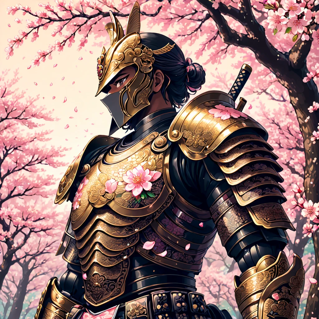 (Pixel art:1.5), A captivating pixel art illustration of a stoic Japanese samurai standing tall in his traditional armor, with his katana drawn and the blade glowing. The samurai's armor is intricately detailed, featuring ornate patterns that emphasize the honor and dedication of his warrior spirit. The background is a beautiful, serene scene of cherry blossom trees, their delicate pink petals gently falling around the samurai. The color palette is limited, utilizing nostalgic, retro tones that bring a sense of warmth and nostalgia. Subtle shading adds depth and dimensionality to the artwork, enhancing the overall composition. The samurai is positioned centrally within the blossoms, with clean lines and sharp angles characteristic of pixel art style. The final image evokes a sense of timeless elegance, paying homage to the rich history and culture of Japan.