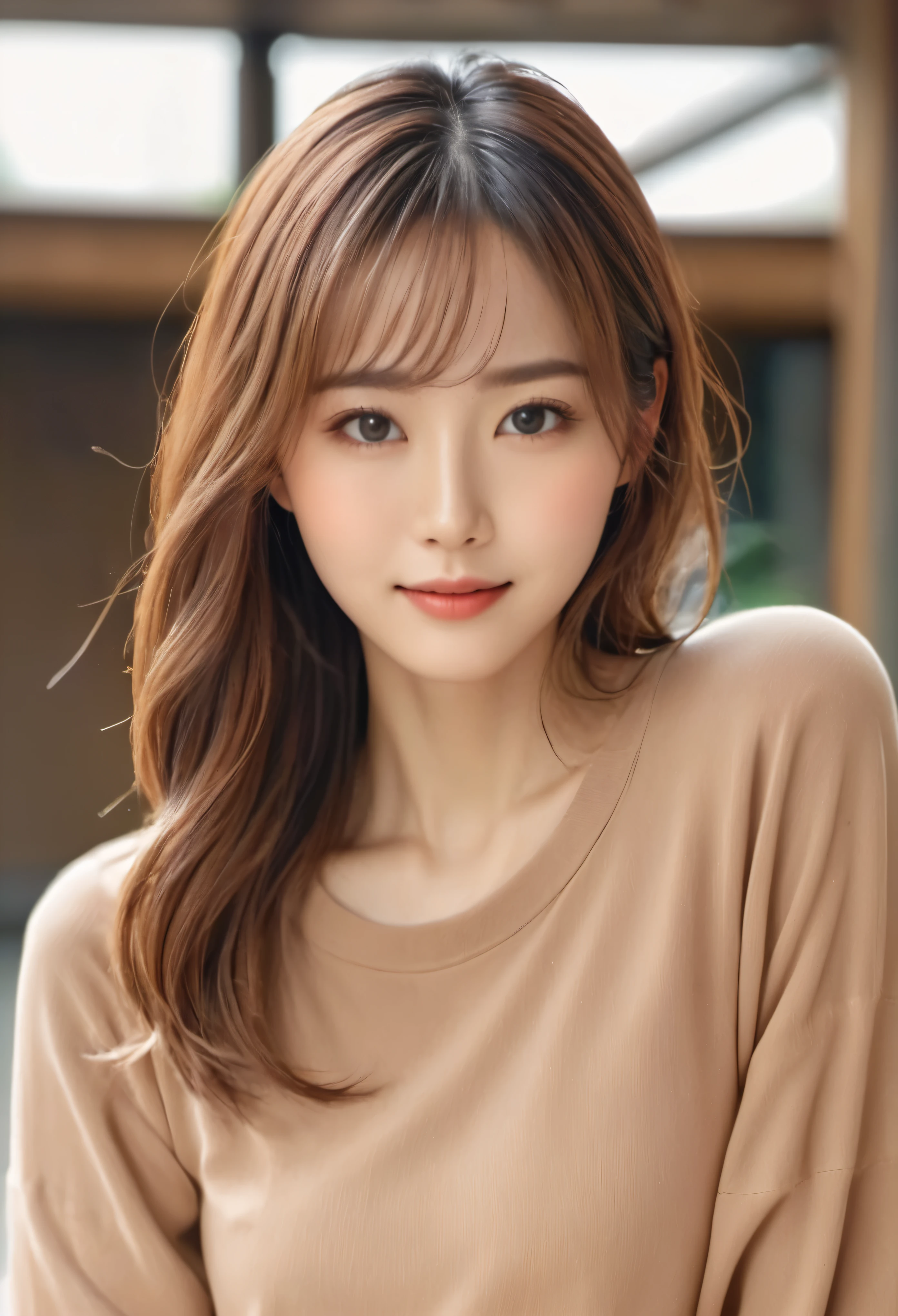 highest quality, realistic, Super detailed, finely, High resolution, 8k wallpaper, 1 beautiful woman,, light brown messy hair, sharp focus, perfect dynamic composition, finelyて美しい目, thin hair, Detailed and realistic skin texture, smile, close-up portrait, model body shape、wearing a dress