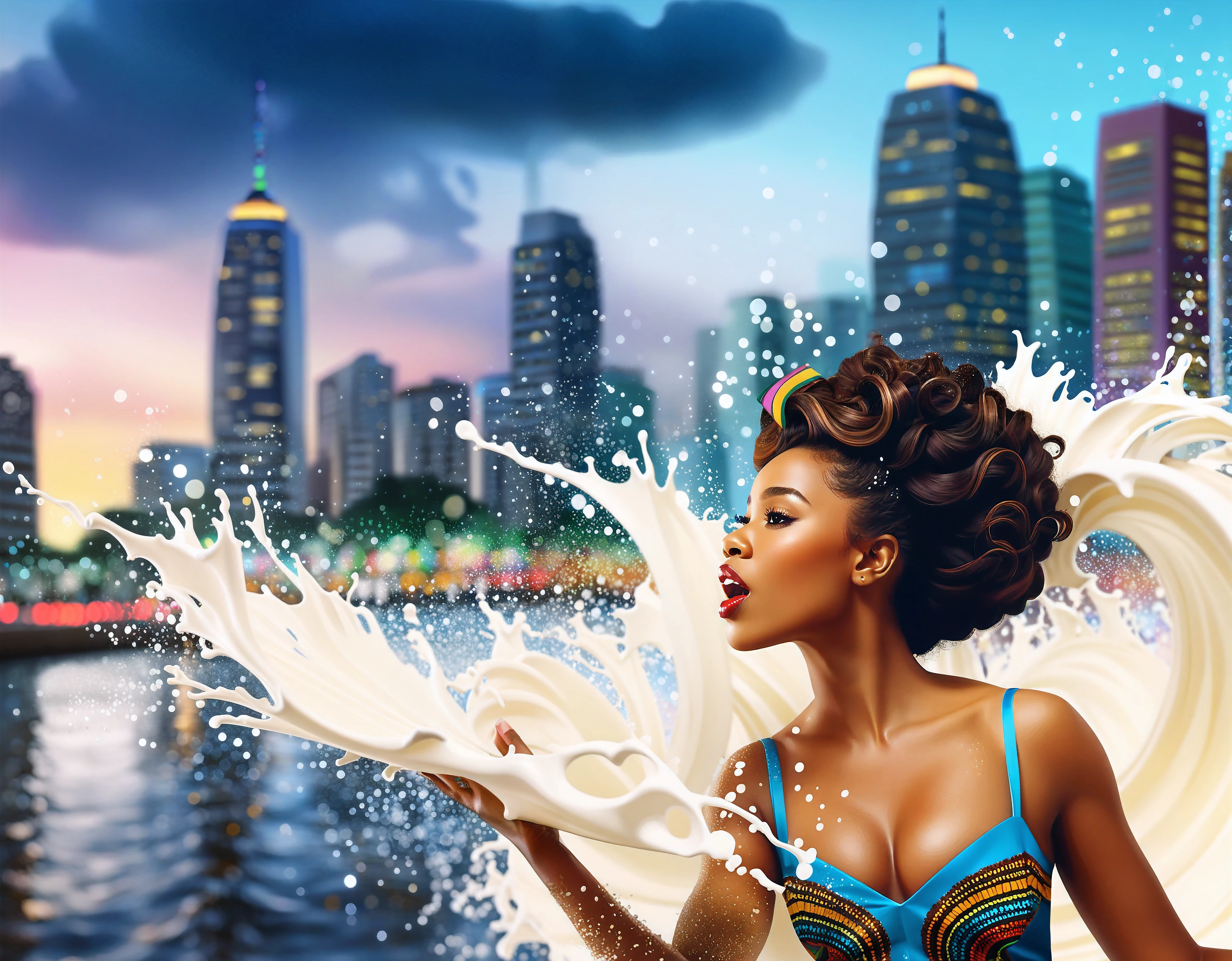 original, detalhe intrincado, illustration, obra de arte, papel de parede extremamente detalhado da unidade CG 8k, destaque, afiar, Dynamic, Bokeh, uma poderosa Rainha Africana cria um tsunami na cidade de Sao Paulo
