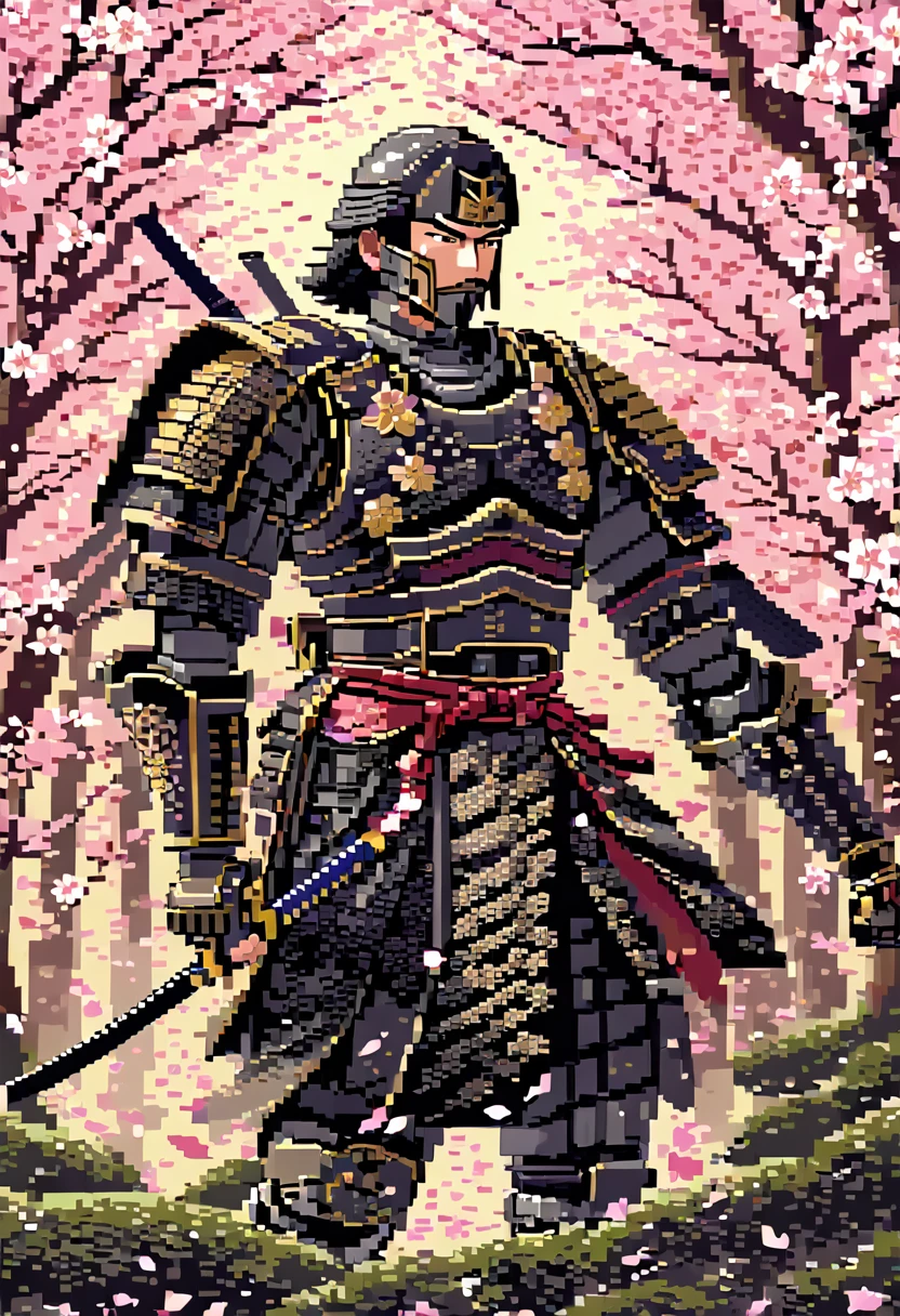 A captivating pixel art illustration of a stoic Japanese samurai, standing tall in his traditional armor with his katana drawn and the blade glowing. The samurai's armor is intricately detailed, featuring ornate patterns that emphasize the honor and dedication of his warrior spirit. The background is a serene scene of cherry blossom trees, with delicate pink petals gently falling around the samurai. The color palette utilizes nostalgic, retro tones that bring a sense of warmth and nostalgia. Subtle shading adds depth and dimensionality to the artwork, enhancing the overall composition.