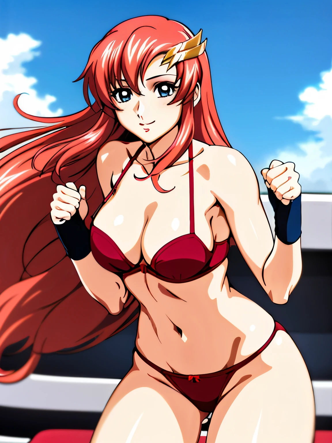 lacus4, (red bikini, running, thong, thin girl, masterpiece, cowboy shot, very slim shoulders, 4K, Best Quality, Anime style: 1.9, happy, Adult Woman, (ultra detailed head), (wrestling arena with crowd, cloud background), Drawing lines, high resolution, lacus4), 1girl, Solo, curvy figure, Long hair, clavicle, scapular, (Detailed wide hair bangs, Hair Ornament, Detailed reddish-pink hair, shiny streaks, slim arms, detailed golden crest), cleavage, large hands, (hair cover shoulders). (Big blue eyes, shiny eyes), ((female wrestler, (slim body), slim arms, closed fists, thighs)), ((perfect proportions, medium size breasts, medium thighs, long belly)), ((totally red bra)), smile with a wink, (standing, hot colors), detailed fingers, (bare shoulders)
