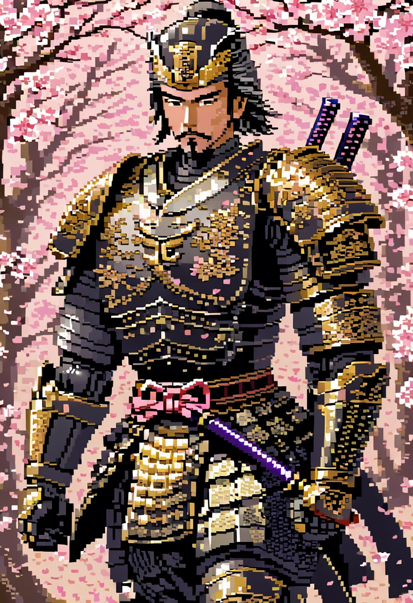 A captivating pixel art illustration of a stoic Japanese samurai, standing tall in his traditional armor with his katana drawn and the blade glowing. The samurai's armor is intricately detailed, featuring ornate patterns that emphasize the honor and dedication of his warrior spirit. The background is a serene scene of cherry blossom trees, with delicate pink petals gently falling around the samurai. The color palette utilizes nostalgic, retro tones that bring a sense of warmth and nostalgia. Subtle shading adds depth and dimensionality to the artwork, enhancing the overall composition.