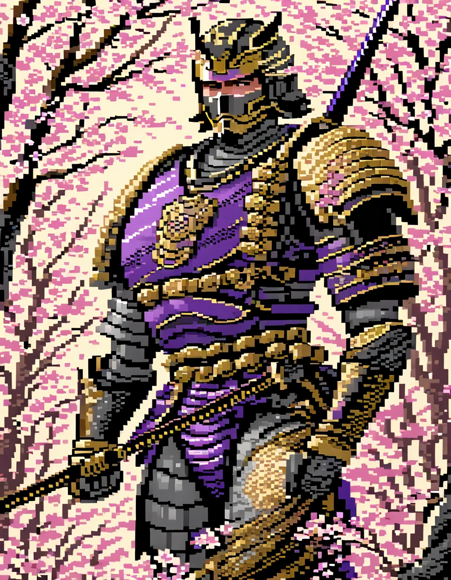 (Pixel art:1.5), A captivating pixel art illustration of a stoic Japanese samurai standing tall in his traditional armor, with his katana drawn and the blade glowing. The samurai's armor is intricately detailed, featuring ornate patterns that emphasize the honor and dedication of his warrior spirit. The background is a beautiful, serene scene of cherry blossom trees, their delicate pink petals gently falling around the samurai. The color palette is limited, utilizing nostalgic, retro tones that bring a sense of warmth and nostalgia. Subtle shading adds depth and dimensionality to the artwork, enhancing the overall composition. The samurai is positioned centrally within the blossoms, with clean lines and sharp angles characteristic of pixel art style. The final image evokes a sense of timeless elegance, paying homage to the rich history and culture of Japan.