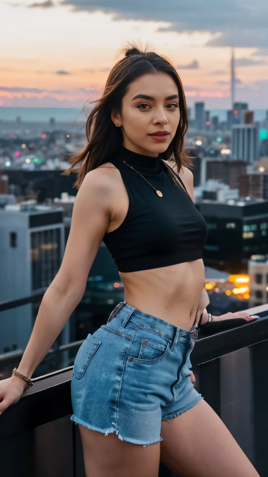 Same influencer, this time showcasing a trendy outfit on a rooftop overlooking a vibrant cityscape at sunset. Dynamic close-up shot, capturing her playful energy and the breathtaking city lights. Hyper-realistic, cinematic lighting, cinematic quality.