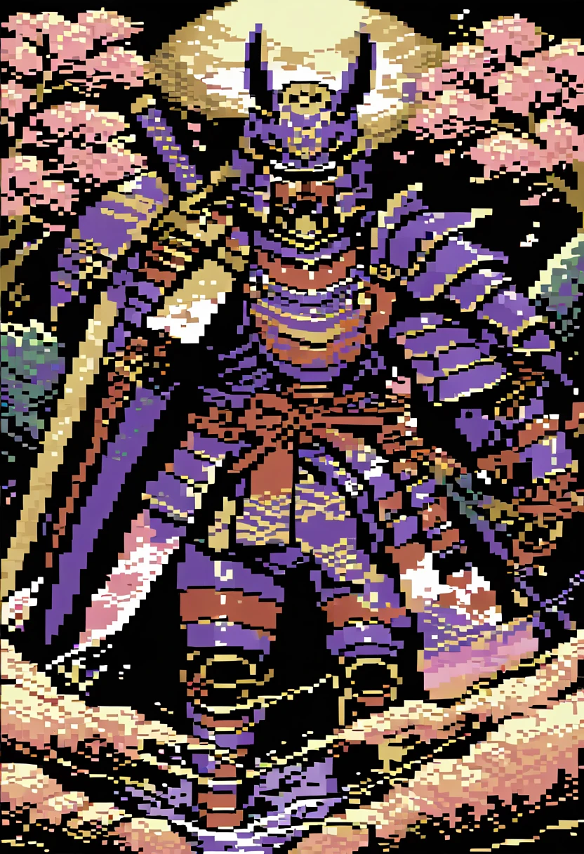 A captivating pixel art illustration of a stoic Japanese samurai, standing tall in his traditional armor with his katana drawn and the blade glowing. The samurai's armor is intricately detailed, featuring ornate patterns that emphasize the honor and dedication of his warrior spirit. The background is a serene scene of cherry blossom trees, with delicate pink petals gently falling around the samurai. The color palette utilizes nostalgic, retro tones that bring a sense of warmth and nostalgia. Subtle shading adds depth and dimensionality to the artwork, enhancing the overall composition.