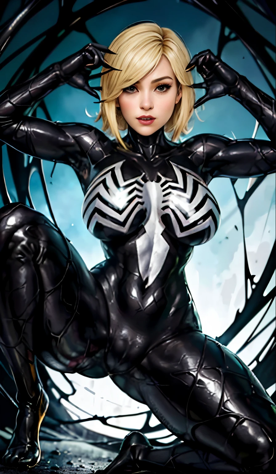 4K,realisticlying,Glamorous,The very detailed,There a girl in Dingcheng,Blonde hair,Wearing a black Spider-Man costume,(Black and white:1.4) the night,symbiote,venomize,a large amount of mucus,she a spiderman,Black superhero theme,In front of the sky,Flushed complexion,( Open legs, camel-toe,, Vulvar shape:1.3),(GGCameltoe:1.3)Legs apart,25 age old,full bodyesbian