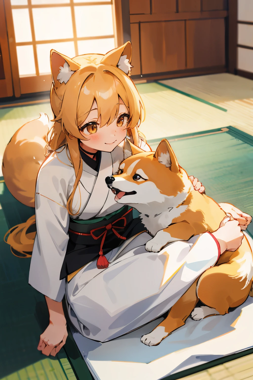 Anime girl sitting on mat, Shiba Inu dog lying obediently near, One hand gently stroking the fur of the loyal companion, Adorable Shiba Inu with perked-up ears and alert eyes, Cute interaction between girl and her beloved pet, Japanese breed with sleek coat and distinctive markings, Happiness beams from the girl's face, Shiba Inu's tail wagging in delight, Close bond between human and canine, Girl's smile lighting up the room, Playful and energetic breed, Eyes locking between girl and dog in a moment of connection, Captivating scene of affinity and companionship.