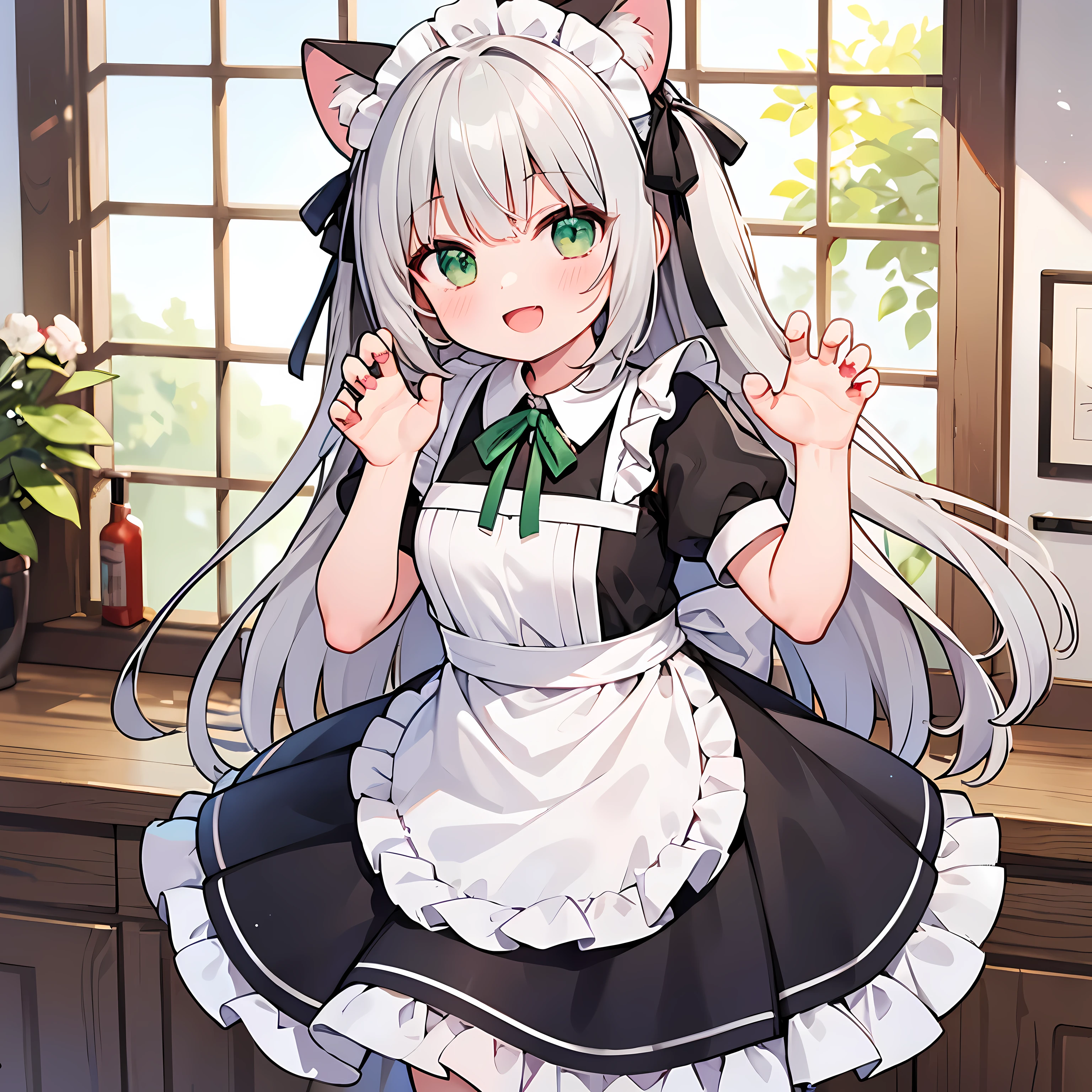 High resolution,highest quality, 1 girl, :d, animal ears, apron, black dress, Glee Hair, blush, dress, frilled apron, frills, looking at the viewer, maid, maid apron, maid headdress, neck ribbon, open your mouth, puffy short sleeve, plump sleeves, green eyes, red ribbon, ribbon, short sleeve, smile, alone,long hair,gray hair.claw pose,cheeky grin