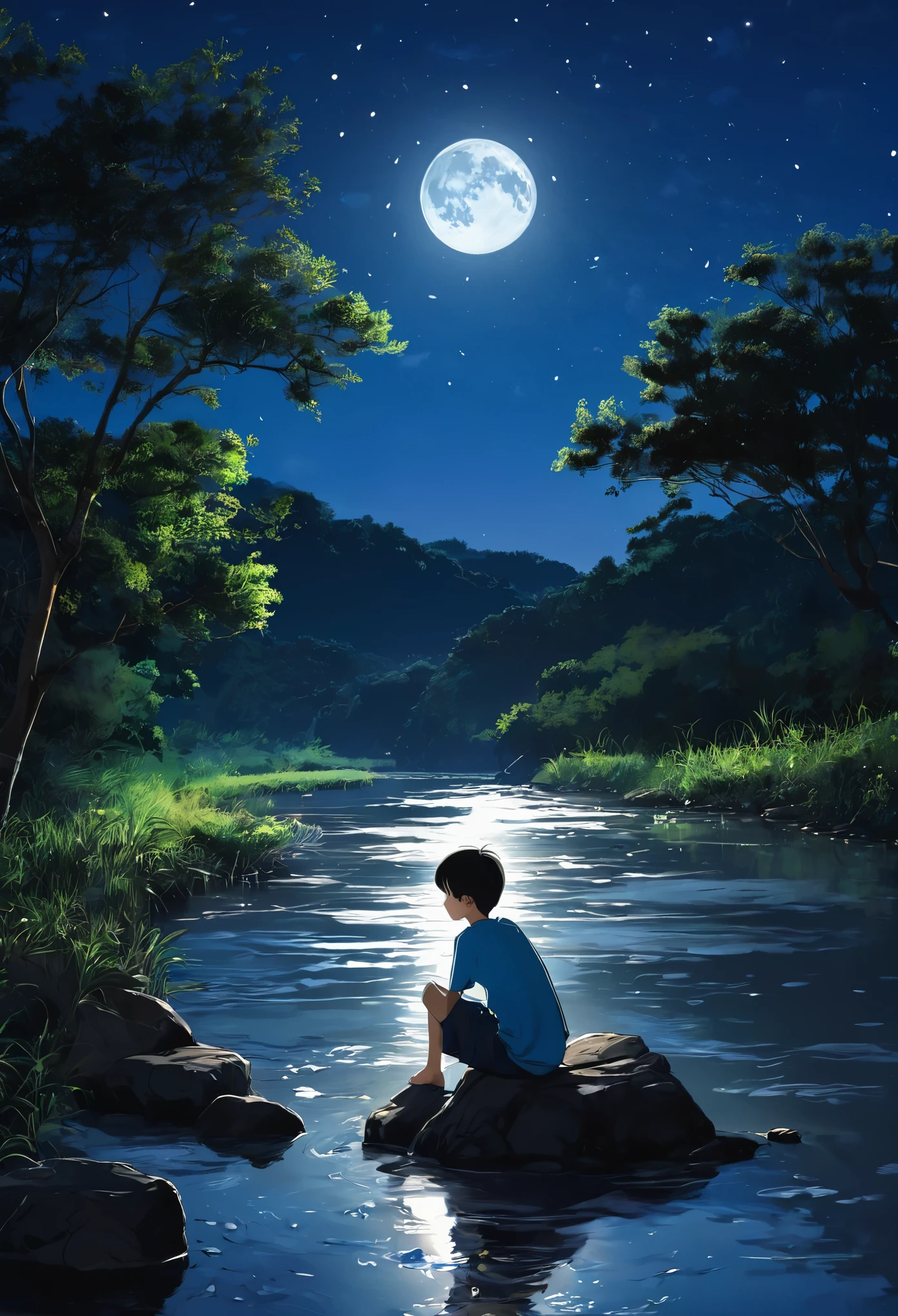 A boy who is sitting in a besides river with moonlight night