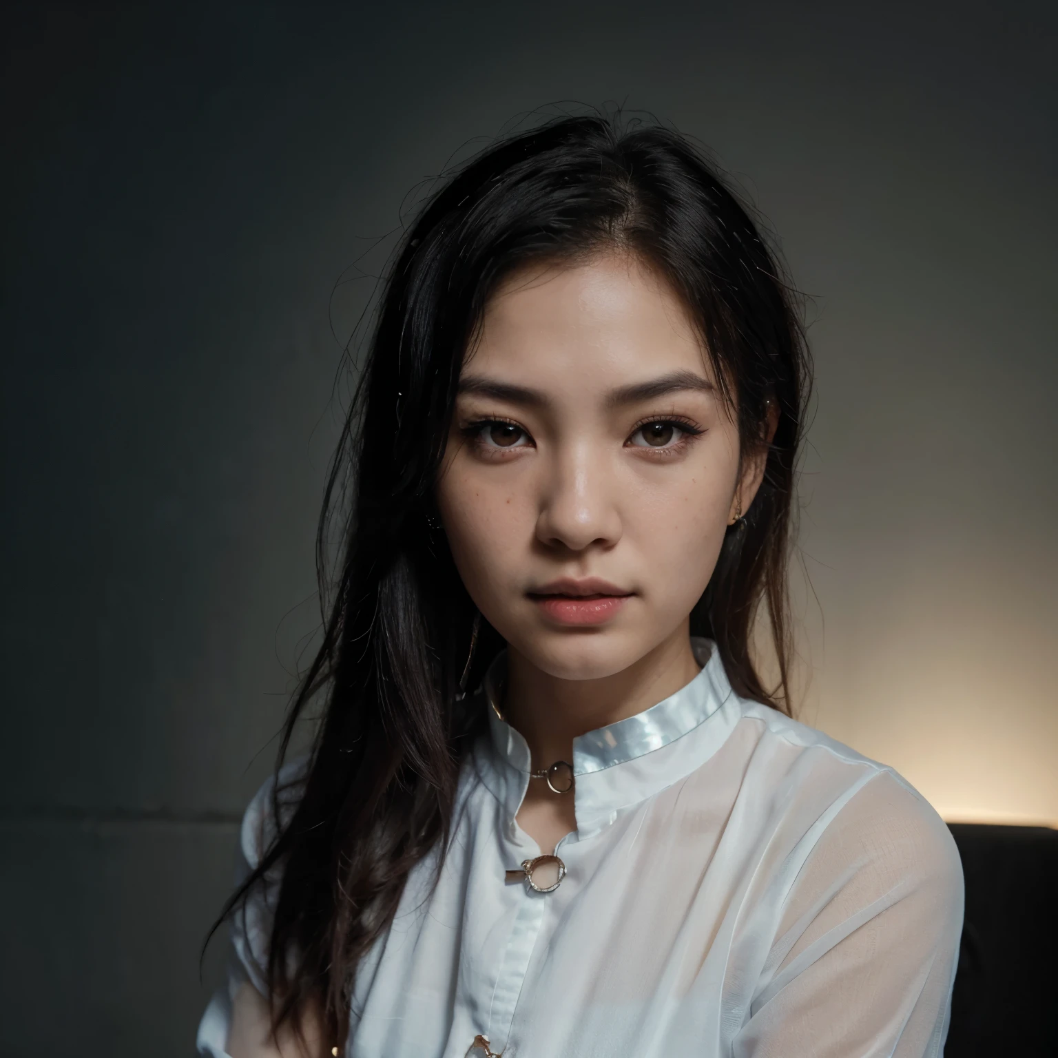 Super realistic oil style. Asian boy similar to Suga from BTS, 20 years, pale skin and freckles, cabello blanco, small vampire fangs, ojos rojos brillantes, aretes, delicado collar de gemas rojas, Ethereal Appearance, dreamer, hermosa. He is sitting with his chin in his hand, luz de noche. super shiny effect, super delicate and ethereal image, irreal. DE PERFIL. 