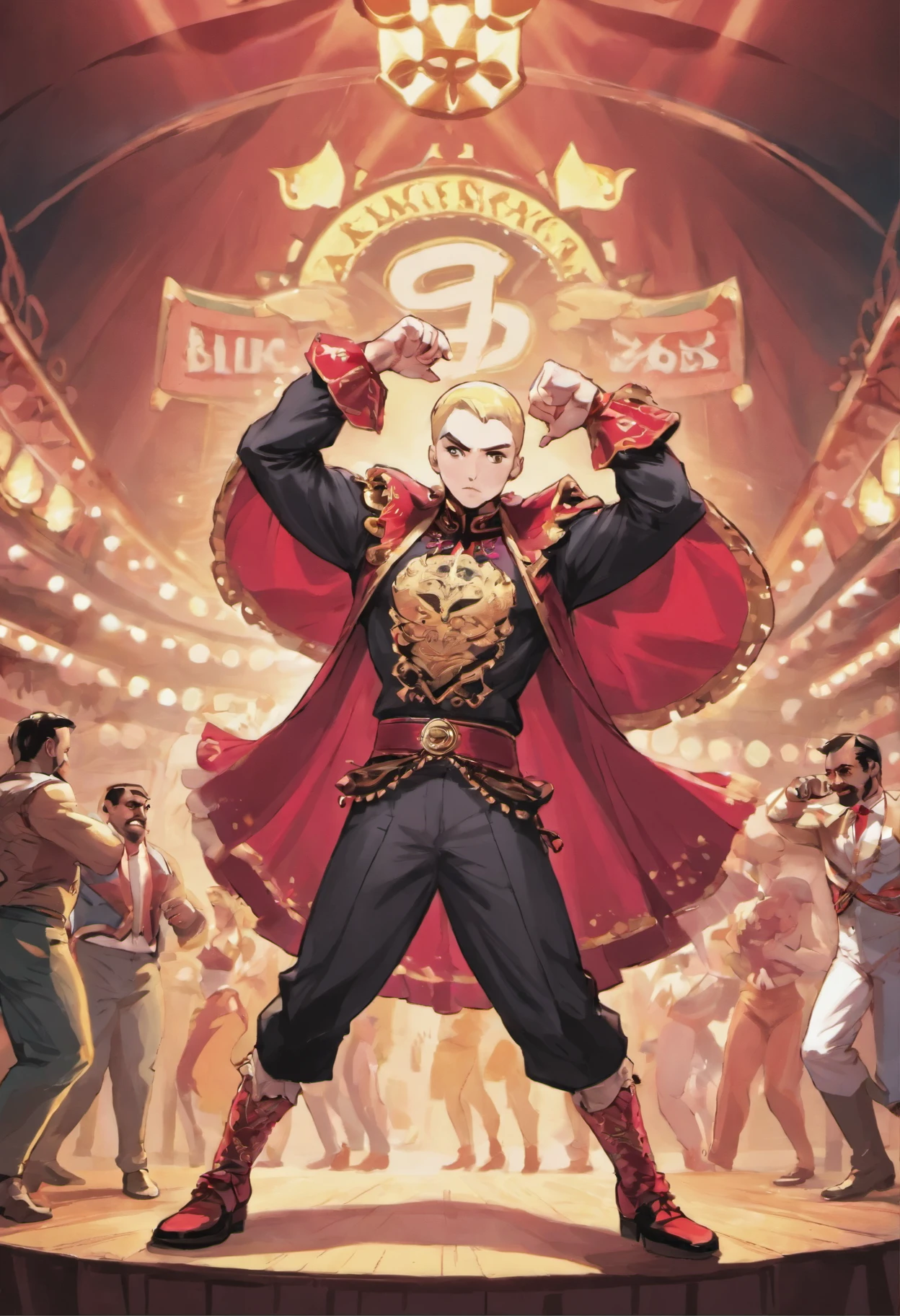 (90's comic book style)), Eminem with short blond hiar, dancing on stage, holding a bottle of salsa, a distinguished Mexican mustache, wearing a bullfighter's outfit, complete with eye-catching red socks. This eclectic ensemble is positioned on a quaint stage, which serves as a platform for their musical fusion. the backdrop paints a picturesque Mexican landscape, completing the scene with a touch of cultural essence