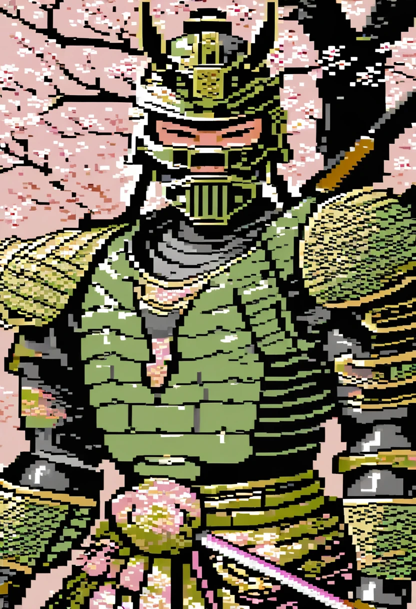 A captivating pixel art illustration of a stoic Japanese samurai, standing tall in his traditional armor with his katana drawn and the blade glowing. The samurai's armor is intricately detailed, featuring ornate patterns that emphasize the honor and dedication of his warrior spirit. The background is a serene scene of cherry blossom trees, with delicate pink petals gently falling around the samurai. The color palette utilizes nostalgic, retro tones that bring a sense of warmth and nostalgia. Subtle shading adds depth and dimensionality to the artwork, enhancing the overall composition.