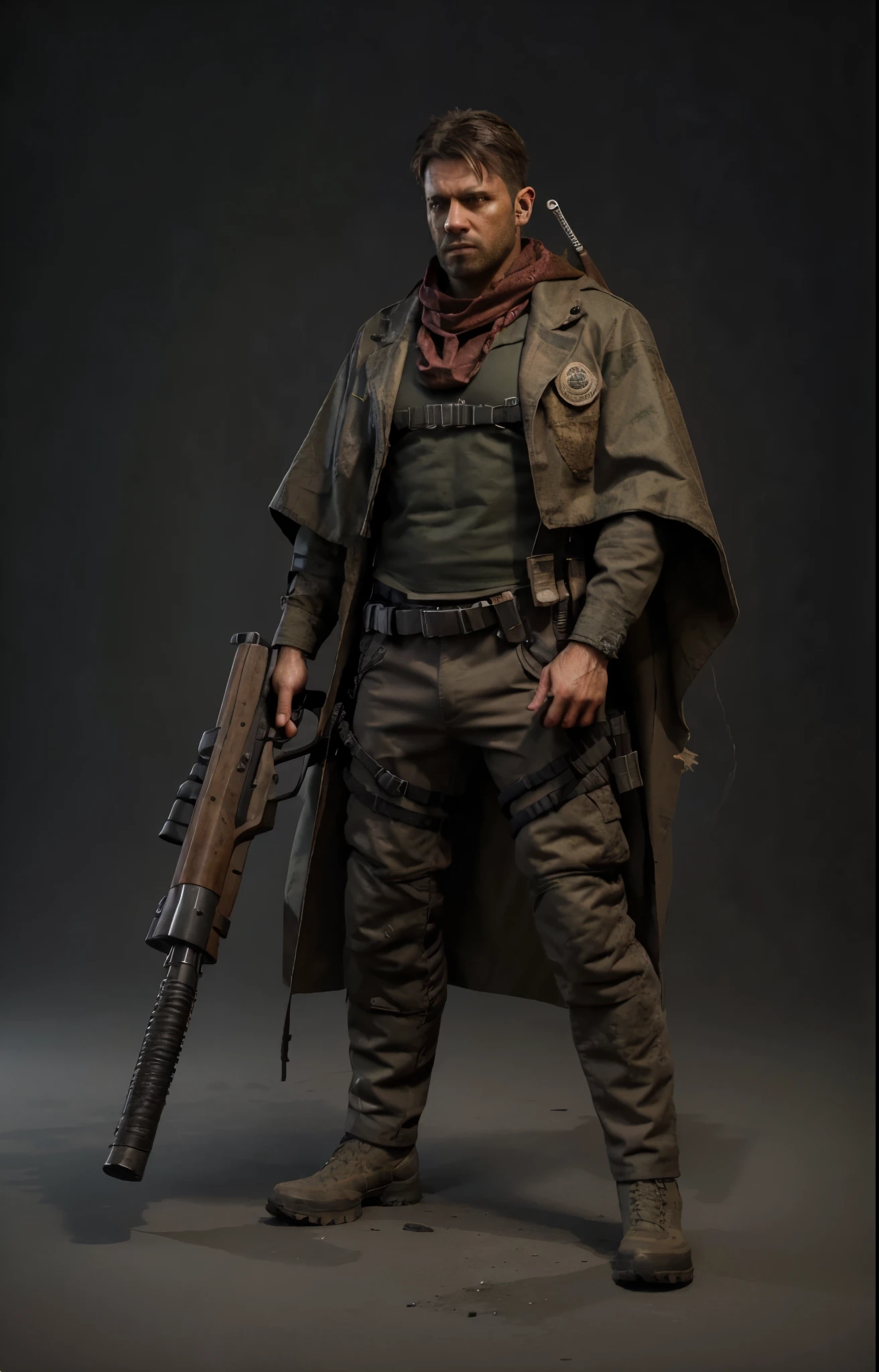 a man in a poncho and a gun stands in front of a dark street background, rpg concept art character, rpg character concept art, game character concept art, concept art character, cinematic character concept art, single character concept art, holding rifle, military poncho, military suit, smoking cigar, red scarf, concept art, detailed full body concept art, postapocalyptic explorer, full body character concept art, realistic character concept art, handsome, muscular, hand on belt