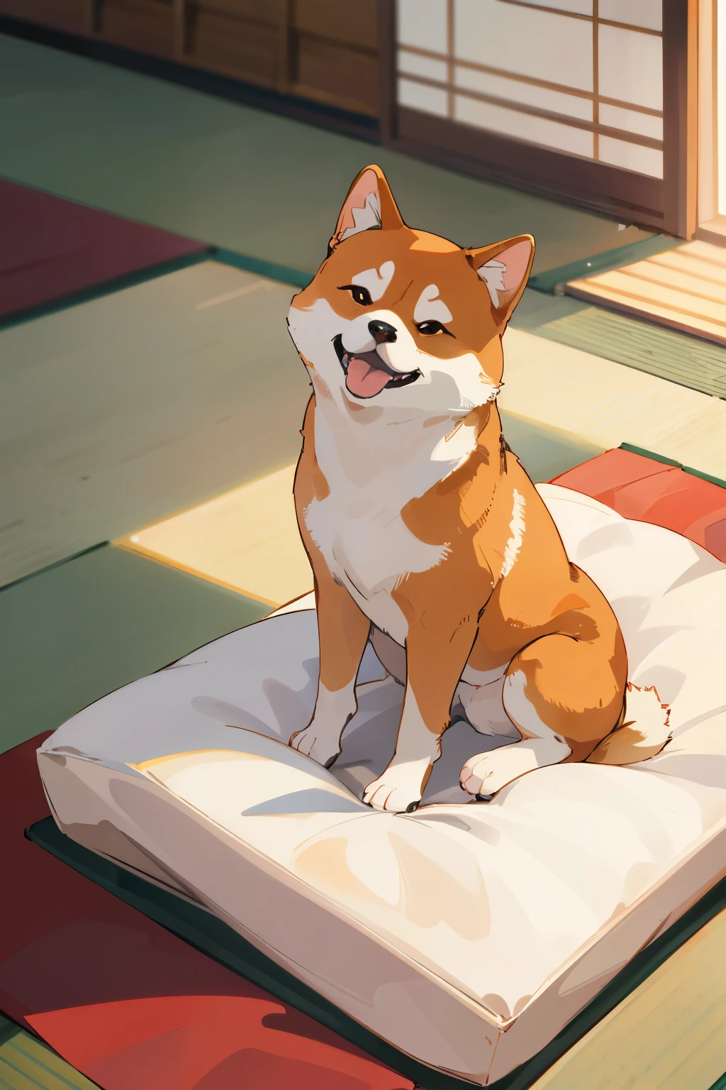 An elegant Shiba Inu dog sits calmly on a tatami mat, its lustrous red coat contrasting against the pale flooring. The dog's expressive brown eyes gleam with intelligence and curiosity. One paw rests delicately on the mat, while the other is tucked neatly under its body. The Shiba Inu's pointed ears perk up, alert and attentive to its surroundings. Its distinctively shaped head tilts slightly as if listening intently. Despite its small size, the Shiba Inu exudes an air of regality and grace. Masterpiece, highest quality, 4K resolution. One Shiba Inu, own pet, with contrasting grey face mark