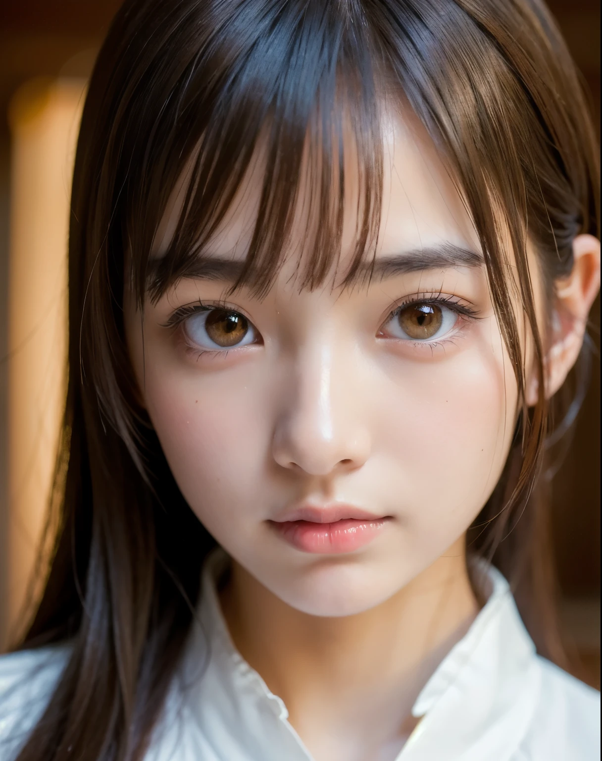 best quality, face focus, soft light, ultra high res, (photorealistic:1.4), RAW photo,
1japanese girl, solo, cute, (pupil, lights in the eyes),  detailed beautiful face, (),(high resolution detail of human skin texture),
(long hair),
indoor,
Damask Shirt Dress,
(portrait)
