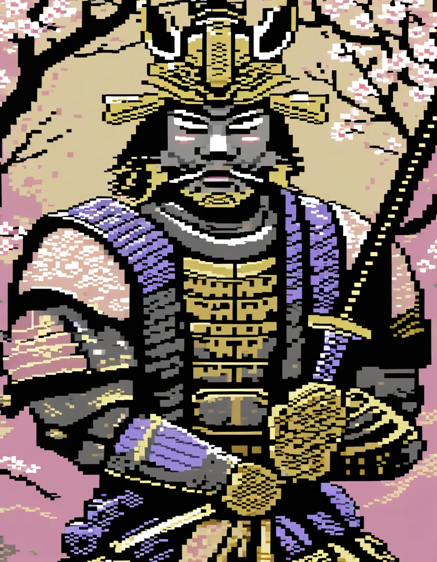 (Pixel art:1.5), A captivating pixel art illustration of a stoic Japanese samurai standing tall in his traditional armor, with his katana drawn and the blade glowing. The samurai's armor is intricately detailed, featuring ornate patterns that emphasize the honor and dedication of his warrior spirit. The background is a beautiful, serene scene of cherry blossom trees, their delicate pink petals gently falling around the samurai. The color palette is limited, utilizing nostalgic, retro tones that bring a sense of warmth and nostalgia. Subtle shading adds depth and dimensionality to the artwork, enhancing the overall composition. The samurai is positioned centrally within the blossoms, with clean lines and sharp angles characteristic of pixel art style. The final image evokes a sense of timeless elegance, paying homage to the rich history and culture of Japan.