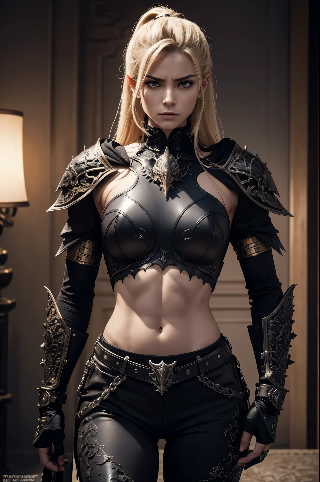 8K,NSFW,Black light,real art,masterpiece,highest qualityのフォトリアリスティックなRAW写真。bright colors,rich colors, Backlight, cinematic lighting, film grain, to be born, 50MM lens, Nikon D850,detailed character art,fantasy art,ultra high resolution,super realistic skin,perfect hand shape,Photoreal Raw photo highest quality;1.4 ,Depth of object being written,detailed light,Be careful of helicopter details,Very delicate and beautiful expression,technical sense,sharp focus,rich background,A slender and muscular macho female swordsman from the demon world.,Super beautiful(like the real thing),blonde mohawk hair,Muscular thin lower body,trained body,Violent and strongly cracked abdominal muscles,Luxurious black very small chest chest armor(devil's emblem filigree),luxury black combat pants(devil's emblem filigree),Black back of hand,black shoulder armor on left shoulder,black waist armor,black leg armor,Equipped with a long, large sword on his waist,give a sharp look,A look of rage,angry expression,Devil makeup,Brown cloak,black lake of demon world,purple flowers,devil woman,dynamic pose,fighting pose,sexy,wilderness,