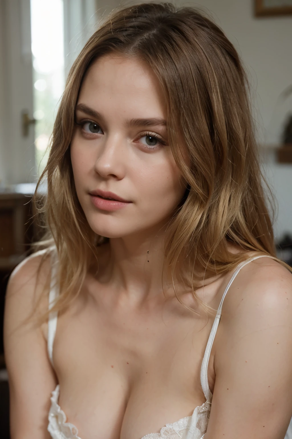 Photo of a 20-year-old American girl, raw, Beautiful woman, (Extra long wavy blonde hair), ((Portrait)), ((Detailed face:1.2)), ((detailed facial features)), (finely detailed skin), pale skin,, sitting in the sofa with white dress