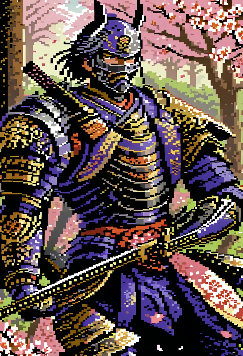 A captivating pixel art illustration of a stoic Japanese samurai, standing tall in his traditional armor with his katana drawn and the blade glowing. The samurai's armor is intricately detailed, featuring ornate patterns that emphasize the honor and dedication of his warrior spirit. The background is a serene scene of cherry blossom trees, with delicate pink petals gently falling around the samurai. The color palette utilizes nostalgic, retro tones that bring a sense of warmth and nostalgia. Subtle shading adds depth and dimensionality to the artwork, enhancing the overall composition.