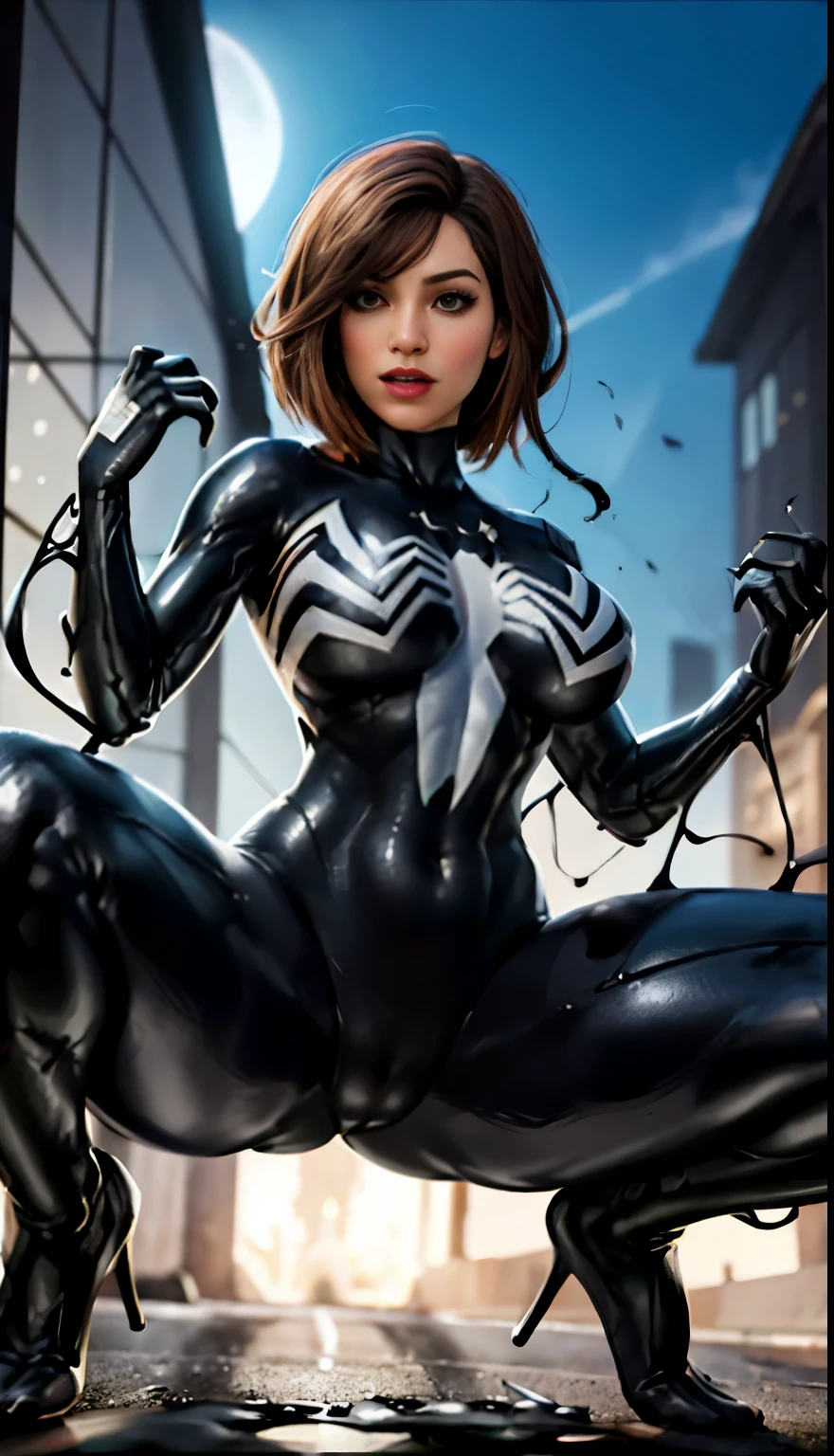 4K，realisticlying，Glamorous，The  very detailed，There  a girl in Dingcheng，Wearing a black Spider-Man costume，（Black and white：1.4） the night,symbiote，venomize，a large amount of mucus,she  a spiderman，Black superhero theme，In front of the sky，Flushed complexion，( Open legs， camel-toe，， Vulvar shape：1.3）,(GGCameltoe:1.3)Legs apart，25 age old，full bodyesbian