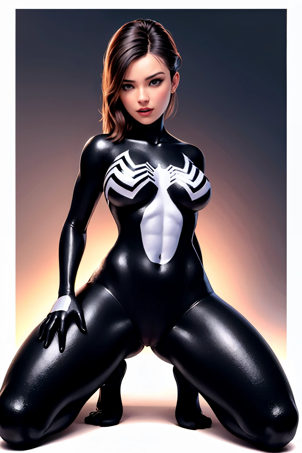 4K,realistically,charming,very detailed,There is a girl in Dingcheng,Wearing black Spider-Man costume,(black and white:1.4) night,symbiont,poison,lots of mucus,She is a hero,Black superhero theme,in front of the sky,complexion,( spread legs, camel toe,, vulva shape:1.3),(GGcamel toe:1.3),25 years old,Full body female love