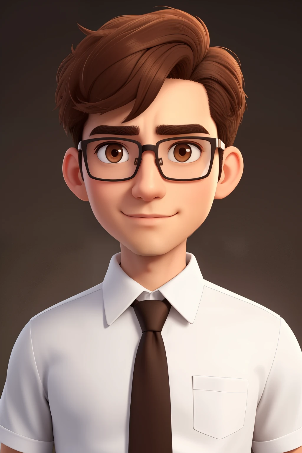 A man of 30 years old, with short brown hair,diamond face, strict look, and brown eyes, wearing white white shirt with necktie and glasses.