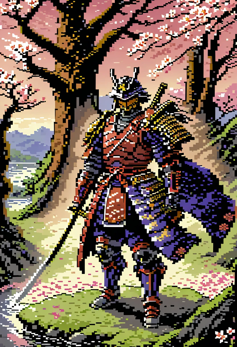 A captivating pixel art illustration of a stoic Japanese samurai, standing tall in his traditional armor with his katana drawn and the blade glowing. The samurai's armor is intricately detailed, featuring ornate patterns that emphasize the honor and dedication of his warrior spirit. The background is a serene scene of cherry blossom trees, with delicate pink petals gently falling around the samurai. The color palette utilizes nostalgic, retro tones that bring a sense of warmth and nostalgia. Subtle shading adds depth and dimensionality to the artwork, enhancing the overall composition.