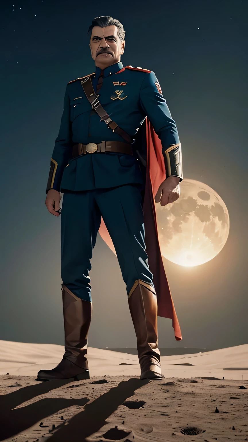 imagem de Josef Stalin andando na lua, planeta terra em segundo plano, Man of Steel, Josef Stalin'cara, velho, mais velho, muito velho, Stalin, foto conceitual, cores vibrantes, planeta terra em segundo plano, rosto detalhado, retrato detalhado, obra de arte, symbol of the USSR, Bandeira russa plantada na lua, rosto de Josef Stalin