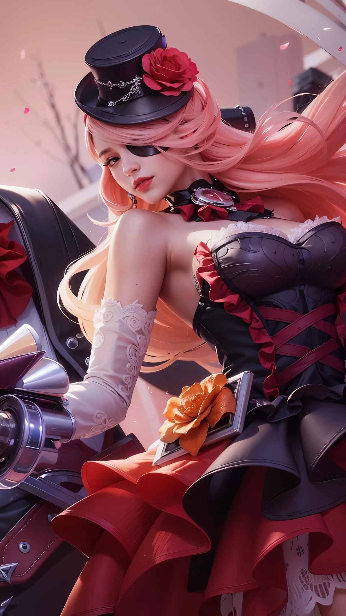 a close up of a woman with a gun in her hand, pink long hair, red lips glossy, 8k, ultra hd, ultra detailed texture, hyper realistic, masterpiece, detailed texture, detailed face, detailed skin, detailed lighting, (photorealistic:1.5), best quality, beautiful lighting, cinematic lighting, professional lighting, ultra highres, realistic, detailed hair, real hair, high quality, (realskin:1.5), extremely detailed, finely detail, ultra-detailed, braids, eye patch, left eyepatch,