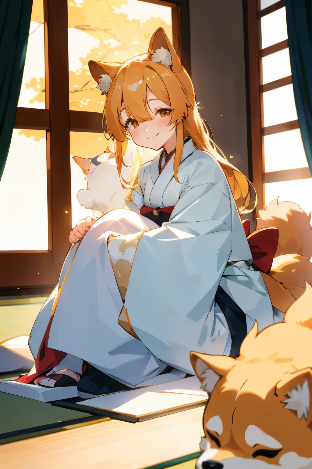 Anime girl sitting in a cozy room with a playful Shiba Inu dog by her side, Legs slightly crossed, hands gently petting its fluffy coat, Cute anime aesthetic, Detailed Shiba Inu fur texture, Adorable snout and expressive eyes, Serene atmosphere, Animal lover's paradise, Faithful companion, One of a kind friendship depicted in the most intricate way, Best quality rendering, High resolution 4K image, Japanese breed, Unique markings on its body, Posing elegantly, Ears standing erect, Focused on the moment, Shiba Inu's tail wagging with joy, Bringing a smile to the girl's face,