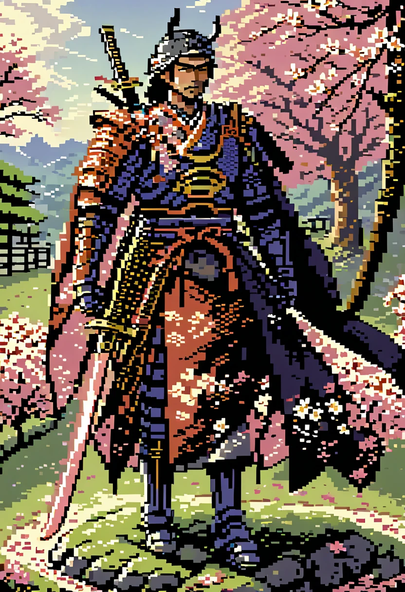 A captivating pixel art illustration of a stoic Japanese samurai, standing tall in his traditional armor with his katana drawn and the blade glowing. The samurai's armor is intricately detailed, featuring ornate patterns that emphasize the honor and dedication of his warrior spirit. The background is a serene scene of cherry blossom trees, with delicate pink petals gently falling around the samurai. The color palette utilizes nostalgic, retro tones that bring a sense of warmth and nostalgia. Subtle shading adds depth and dimensionality to the artwork, enhancing the overall composition.