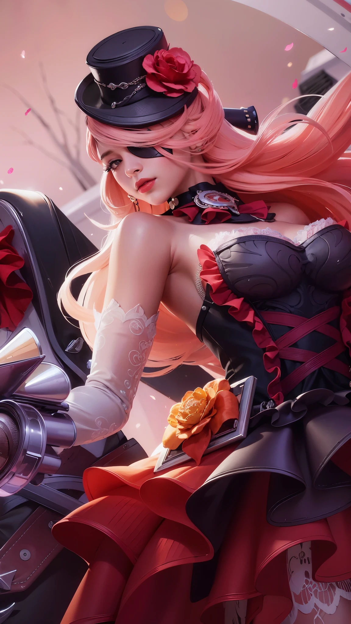 a close up of a woman with a gun in her hand, pink long hair, red lips glossy, 8k, ultra hd, ultra detailed texture, hyper realistic, masterpiece, detailed texture, detailed face, detailed skin, detailed lighting, (photorealistic:1.5), best quality, beautiful lighting, cinematic lighting, professional lighting, ultra highres, realistic, detailed hair, real hair, high quality, (realskin:1.5), extremely detailed, finely detail, ultra-detailed, braids, eye patch, left eyepatch,