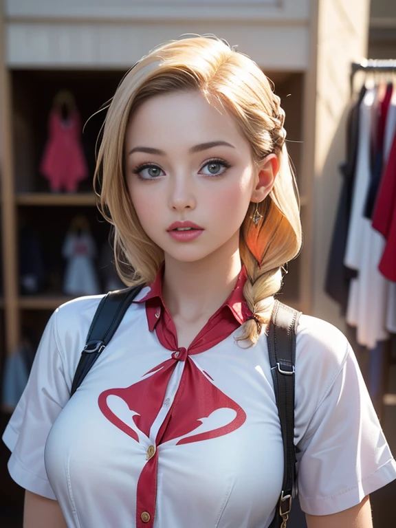 (best quality, 8k, highres, photorealistic:2.0), (solo, one girl:2.0),(lighting: front),(lighting: strong),(ultimate beautiful girl:2.0),(shiny skin),(oily skin),(blonde hair:1.3),(girl tying hair:2.0),(american beauty:2.0),Blush brown makeup , dark eye makeup , use pink glossy lipstick,(big beady eyes girl:1.5),(thin girl:1.5),(baby face girl),(sex appeal:1.1),(sweet smelling girl),(Photographed at a small clothes store in town:1.5),(Part-time girl working at a clothes store:1.5),(clothes store clerk:1.5),(she works for low wages:1.5),(she has a nice smile),(her body has charming curves),(she is very sociable),(She is interested in fashion and loves fashion),(She is the clothes store poster girl),(from a very poor family:1.5),(she hides very big breasts under her clothes),(virgin girl),(Wearing discreet clothes:1.5)