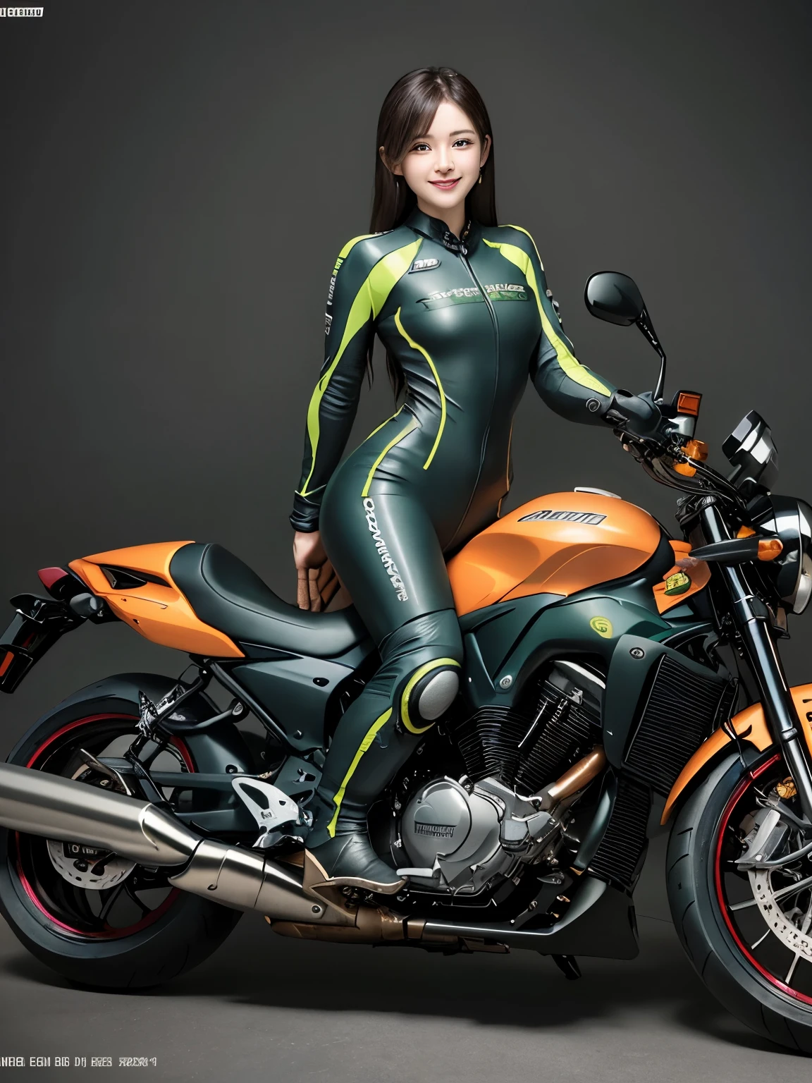 ((highest quality)), ((masterpiece)), (detailed motorcycle), perfect face、realistic skin texture、full body shot、long legs、Beauty、((riding a motorcycle))、smile、slender body、Moist eyes、(((spread legs)))、green racing suit