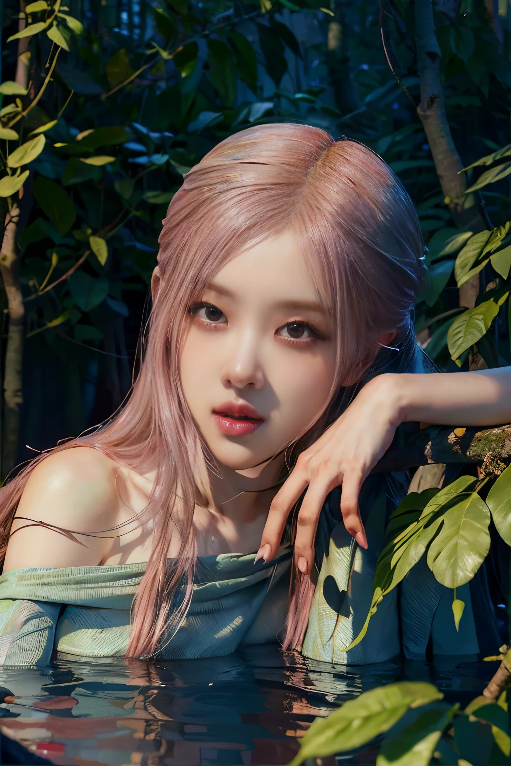 Rose from blackpink, pink hair, (full body), wearing medieval long clothes, sitting on a rock, feet in the water, Drenched hair, The background is a forest, sunset, (masterpiece, best quality, award winning, highres), skinny, intricate and beautiful design, highly detailed beautiful face, super detailed beautiful eyes, light smile, sitting near stream, forest, leaves flow, windy, sun lights through forest, fantasy art, dynamic lighting, cinematic lighting, hyper realistic, extremely CG detail, octane render, (artistic + masterpiece:1.4), (incredibly detailed eyes), (8k, Photorealistic, Photo RAW, Best quality: 1.4), (UHD), (Ultra high realism), (Ultra high definition), (Ultra high detail), (Realistic face), Beautiful hairstyle, Realistic bright amber eyes, Beautiful details, (Realistic skin), Pale, smooth and luminous skin with iridescent shine and no imperfections, Ultra high definition, Ultra realistic, Highly detailed