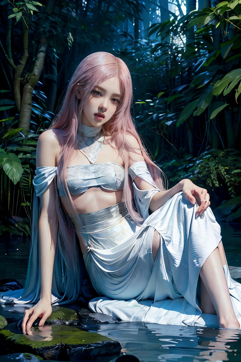 Rose from blackpink, pink hair, (full body), wearing medieval long clothes, sitting on a rock, feet in the water, Drenched hair, The background is a forest, sunset, (masterpiece, best quality, award winning, highres), skinny, intricate and beautiful design, highly detailed beautiful face, super detailed beautiful eyes, light smile, sitting near stream, forest, leaves flow, windy, sun lights through forest, fantasy art, dynamic lighting, cinematic lighting, hyper realistic, extremely CG detail, octane render, (artistic + masterpiece:1.4), (incredibly detailed eyes), (8k, Photorealistic, Photo RAW, Best quality: 1.4), (UHD), (Ultra high realism), (Ultra high definition), (Ultra high detail), (Realistic face), Beautiful hairstyle, Realistic bright amber eyes, Beautiful details, (Realistic skin), Pale, smooth and luminous skin with iridescent shine and no imperfections, Ultra high definition, Ultra realistic, Highly detailed
