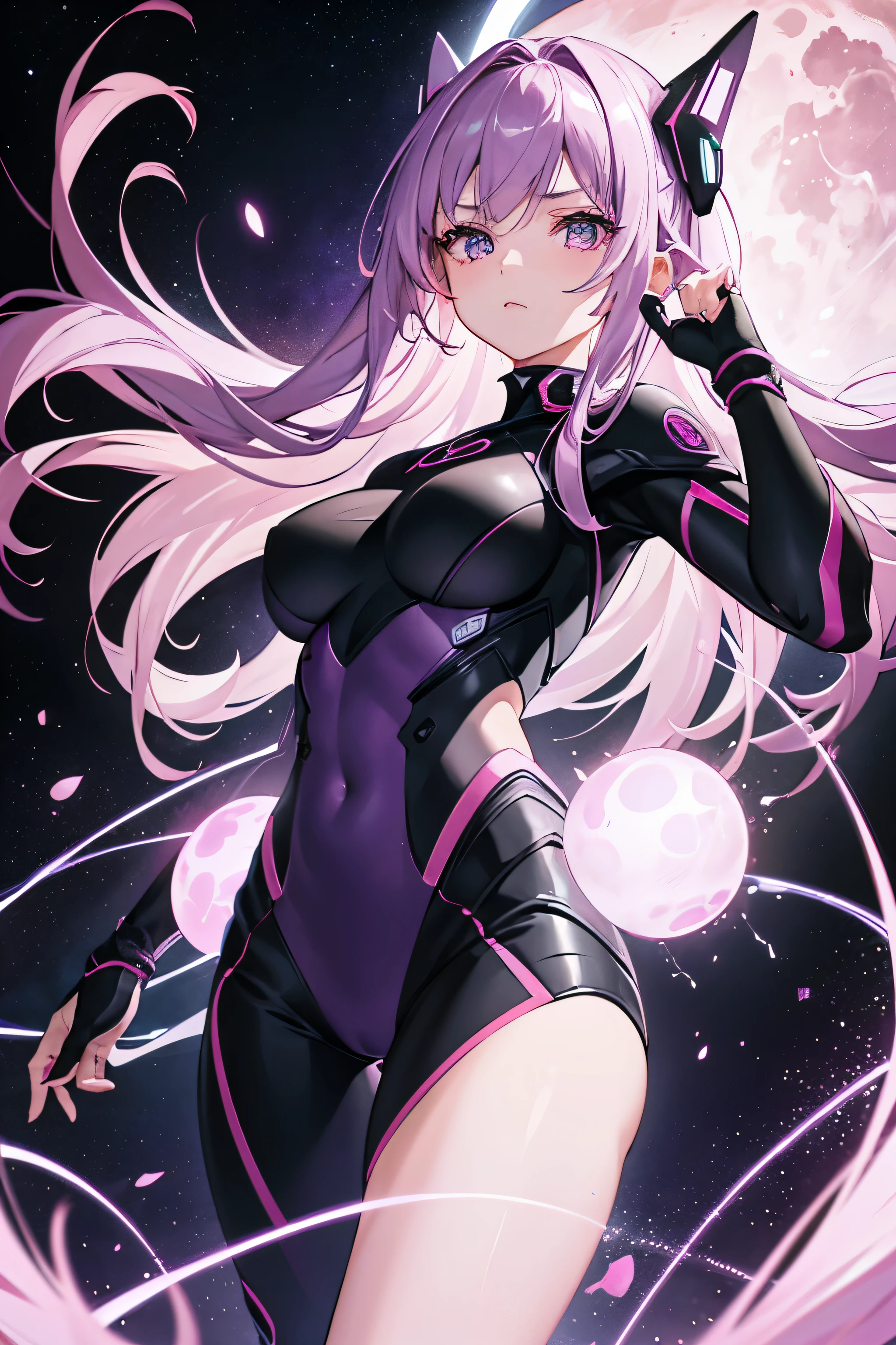 1girl, perfect details, perfect eyes, perfect hands, highres, space color theme, glowing pink eyes, purple hair, serious facial expression, pink lightning everywhere, purple lightning in the background, standing on a dark pink moon with big craters, black and pink tech suit, , pink tech visor, lasers