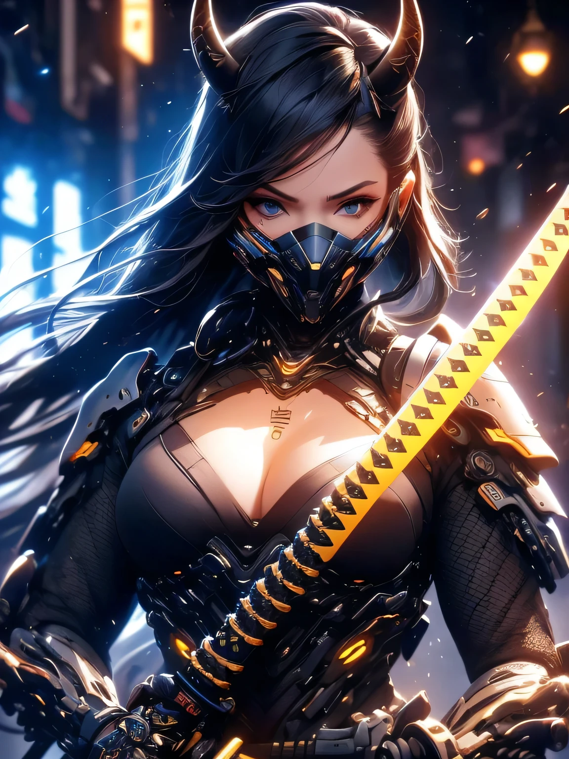 Super realistic, hyper realistic, super detailed, (cybersamurai, long hair, blue eyes, black hair, cleavage, upper body, horns, armor, blurry, clothing cutout, mask, blurry background, science fiction, mouth mask, cyborg, cyberpunk, katana on back, katana handle sticking out behind back:1.3) (glowing simple black background:1.25), masterpiece, best quality, wide-angle Hyperdetailed, masterpiece, best quality, 8k, natural lighting, soft lighting, sunlight, HDR (High Dynamic Range), Maximum Clarity And Sharpness, Multi-Layered Textures