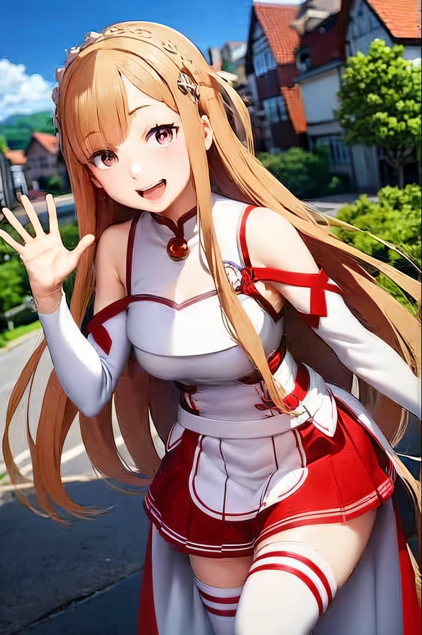 anime girl in a red and white outfit walking down a street, Emilia re:zero, purple eyes, Emilia, crown braid, x hair ornament, flower hair ornament, white hair, very long hair, medium breasts, 
