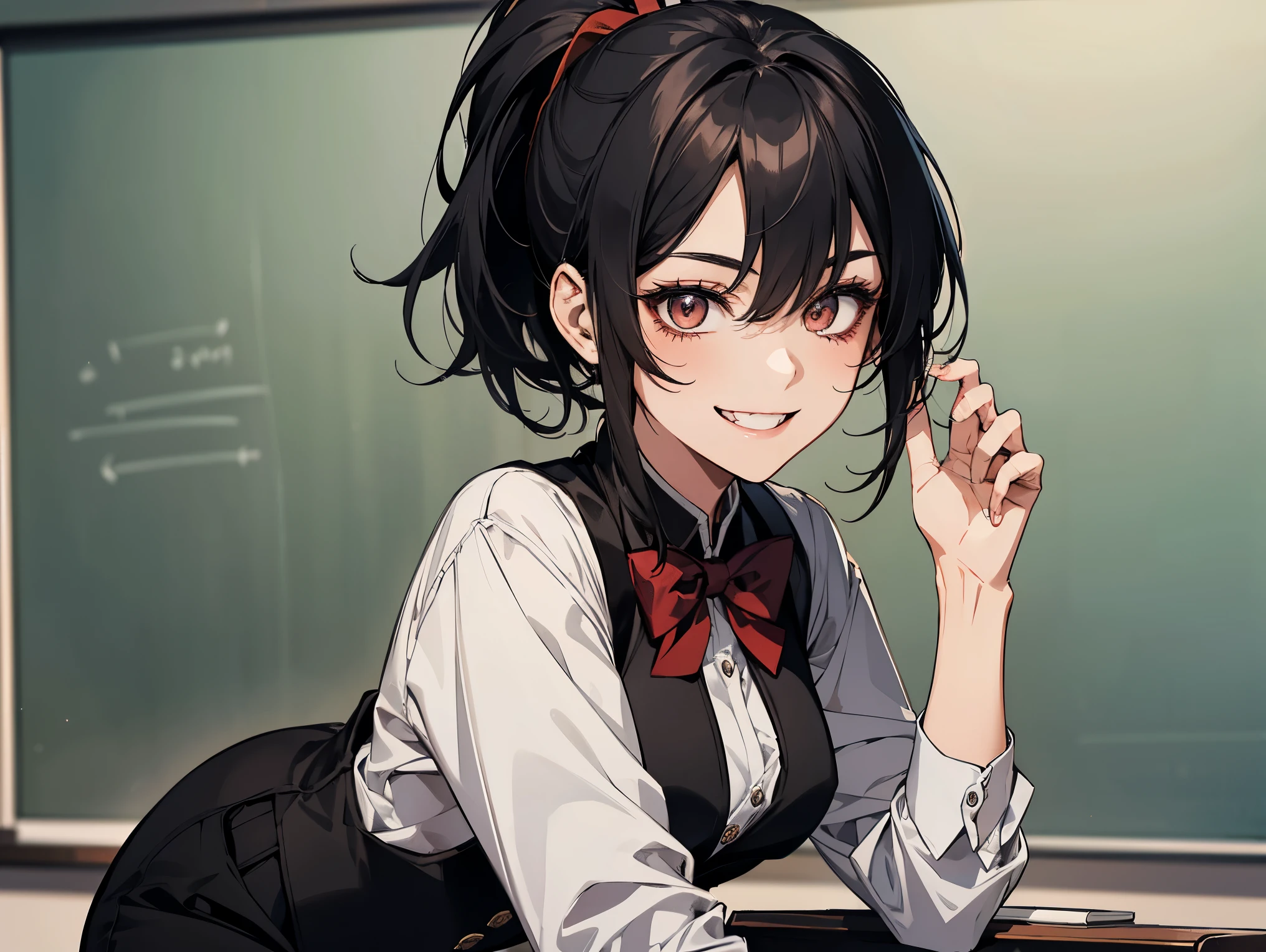 1 female, teacher, wearing white shirt, black suit, black long pants, black hair, short hair, ponytail, brown eyes, red bowtie, Smiling with anime teeth, face to detail, detailed eyes, the background classroom in china
