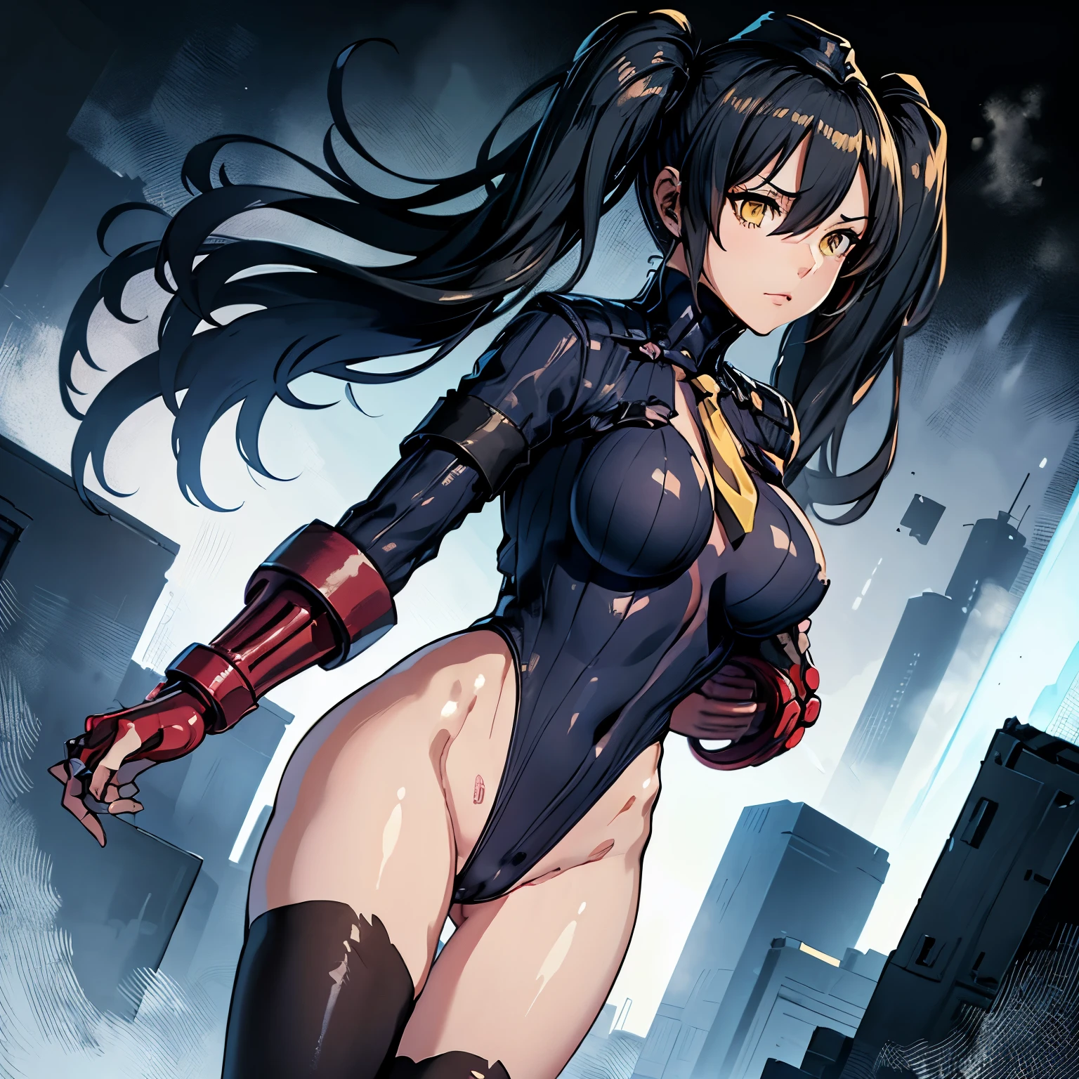 ultra-detailed, Explicit, Beautiful body, Beautiful Nose, Beautiful character design, perfect eyes, perfect face, ultra highres, 4K, beautiful legs, perfect legs, Nice hands, Perfect hand, Masterpiece, Best Quality, Highly detailed, illustration, absurdres, perfect anatomy, street fighter, doll suit, shadaloo doll, dollsuit, expressionless, blank eyes, looking at viewer, red gloves, emotionless, black latex, corrution, mind control, female combatant, full body, hypnotized, unhappy trance, full body suit, ribbed bodysuit, both arms at side, obey, perfect female body, extremely glossy latex, hypnosis, hypnoLora, empty eyes, Mind control device, poses, submissive_pose, Slave, standing straight, standing, standing at attention, hat, necktie, belt, latex, ribbed bodysuit, thighhighs, garter belt, Fighting Stance, extending the right arm from the shoulder into the air with a straightened hand, military, thigh boots, black pantyhose, (((pixel-perfect, detail-perfect))), solo, 1girl, hair ornaments, long hair, black hair, hair ribbon, yellow eyes, Scarecrow, Girls' Frontline, medium breast, twin tails, gas mask, ScarecrowGasmask, sangvis ferri