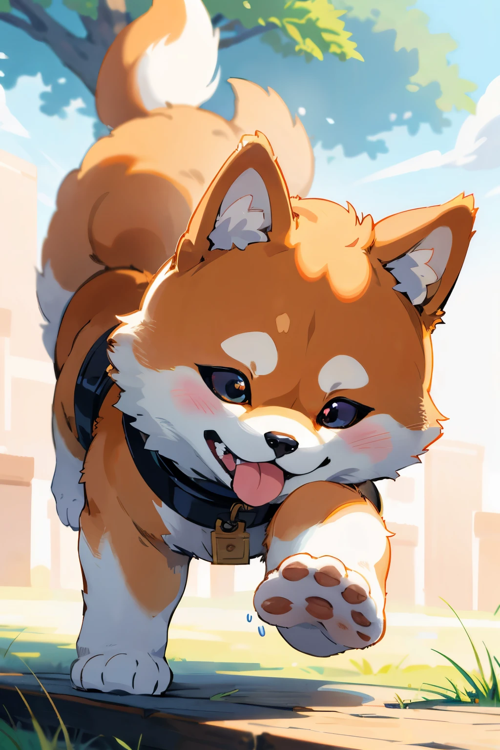 Adorable Shiba Inu dog sitting pretty, Round eyes gleaming with mischief，One small Shiba Inu breed，Sniffs the ground intently，Looks up with a playful grin，Barking happily，Wagging tail，Fluffy white fur，Cute SHIB Inu，Close up shot，Pointing paw，Loyal companion，Big floppy ears，Tethered to a tree，Golden collar，Shiny black nose，Watchful gaze，Wagging tail again，(High resolution 4K),(Best quality),(Tmasterpiece),(Emotionally captivating)