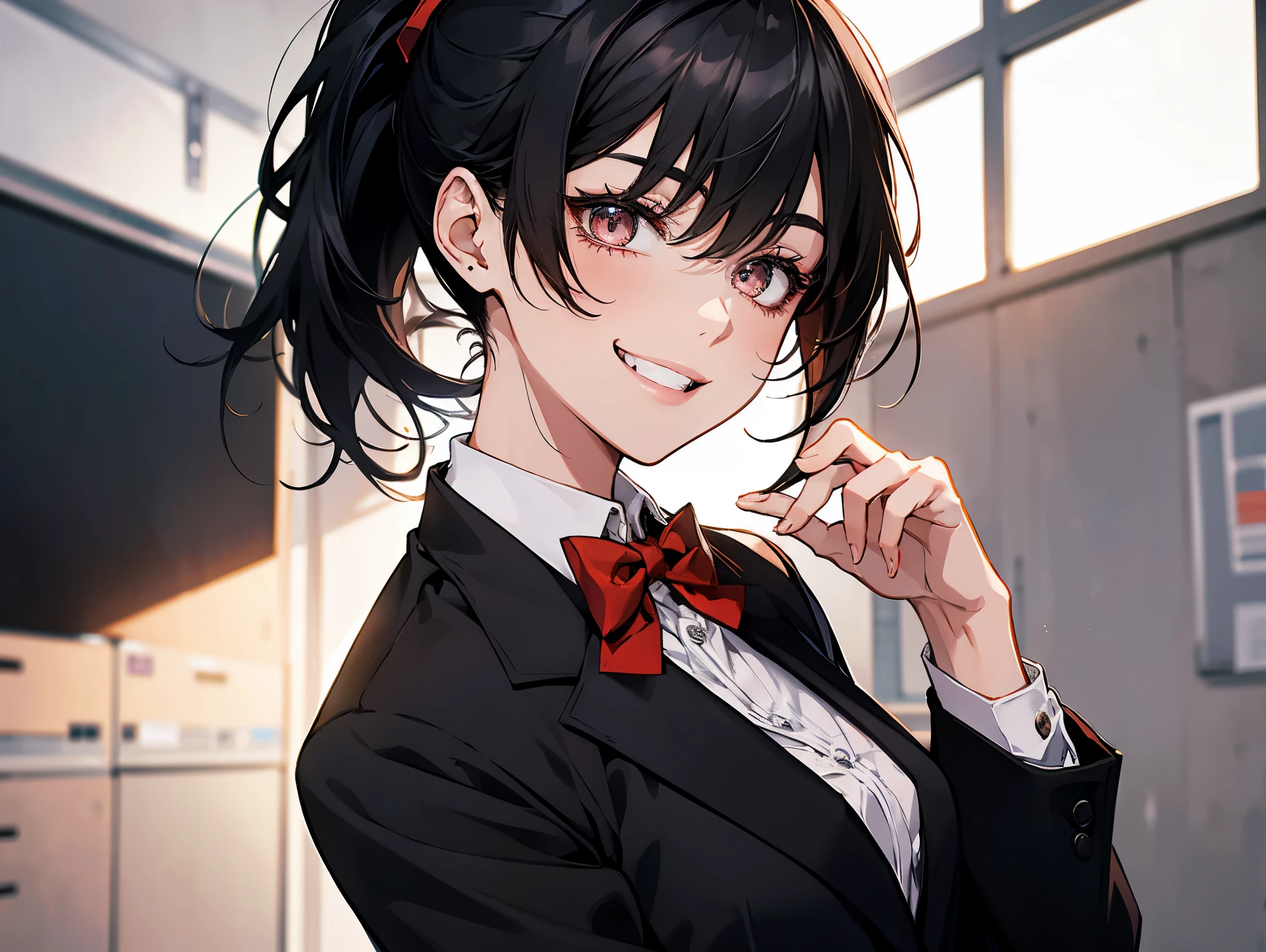 1 female, teacher, wearing white shirt, black suit, black long pants, black hair, short hair, ponytail, brown eyes, red bowtie, Smiling with anime teeth, face to detail, detailed eyes, the background classroom in china