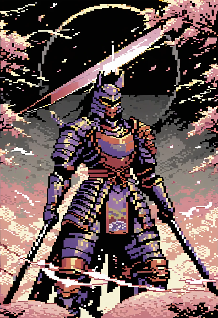 A captivating pixel art illustration of a stoic Japanese samurai, standing tall in his traditional armor with his katana drawn and the blade glowing. The samurai's armor is intricately detailed, featuring ornate patterns that emphasize the honor and dedication of his warrior spirit. The background is a serene scene of cherry blossom trees, with delicate pink petals gently falling around the samurai. The color palette utilizes nostalgic, retro tones that bring a sense of warmth and nostalgia. Subtle shading adds depth and dimensionality to the artwork, enhancing the overall composition.