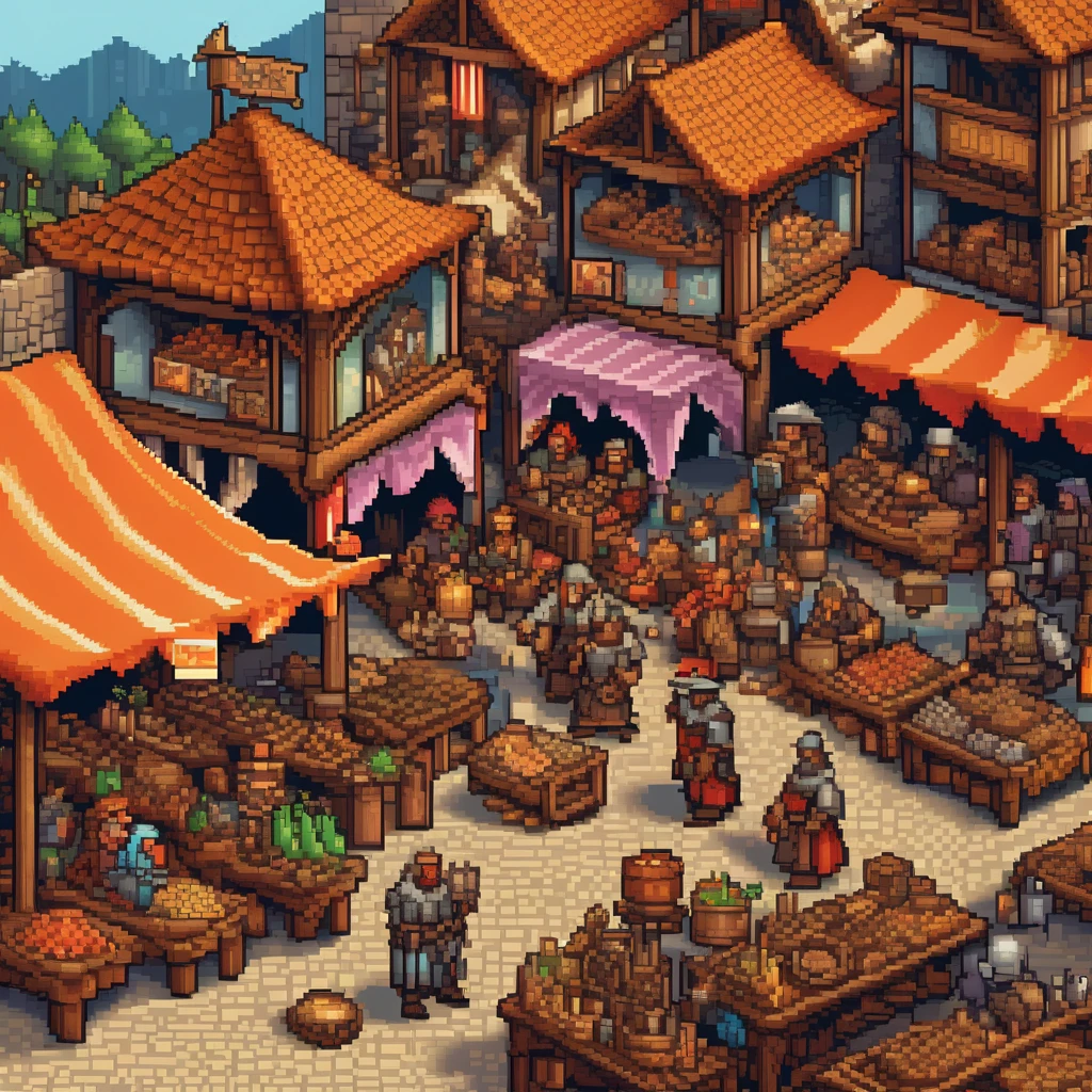 Pixel Art, Pixel art scene of a bustling medieval market, vibrant stalls, lively characters, realistic textures, attention to detail in every pixel, reminiscent of classic 16-bit RPG games, taken with a Nikon D3, Focal length 35mm HD 2D Pixel Art :: Pixel style :: Pixels