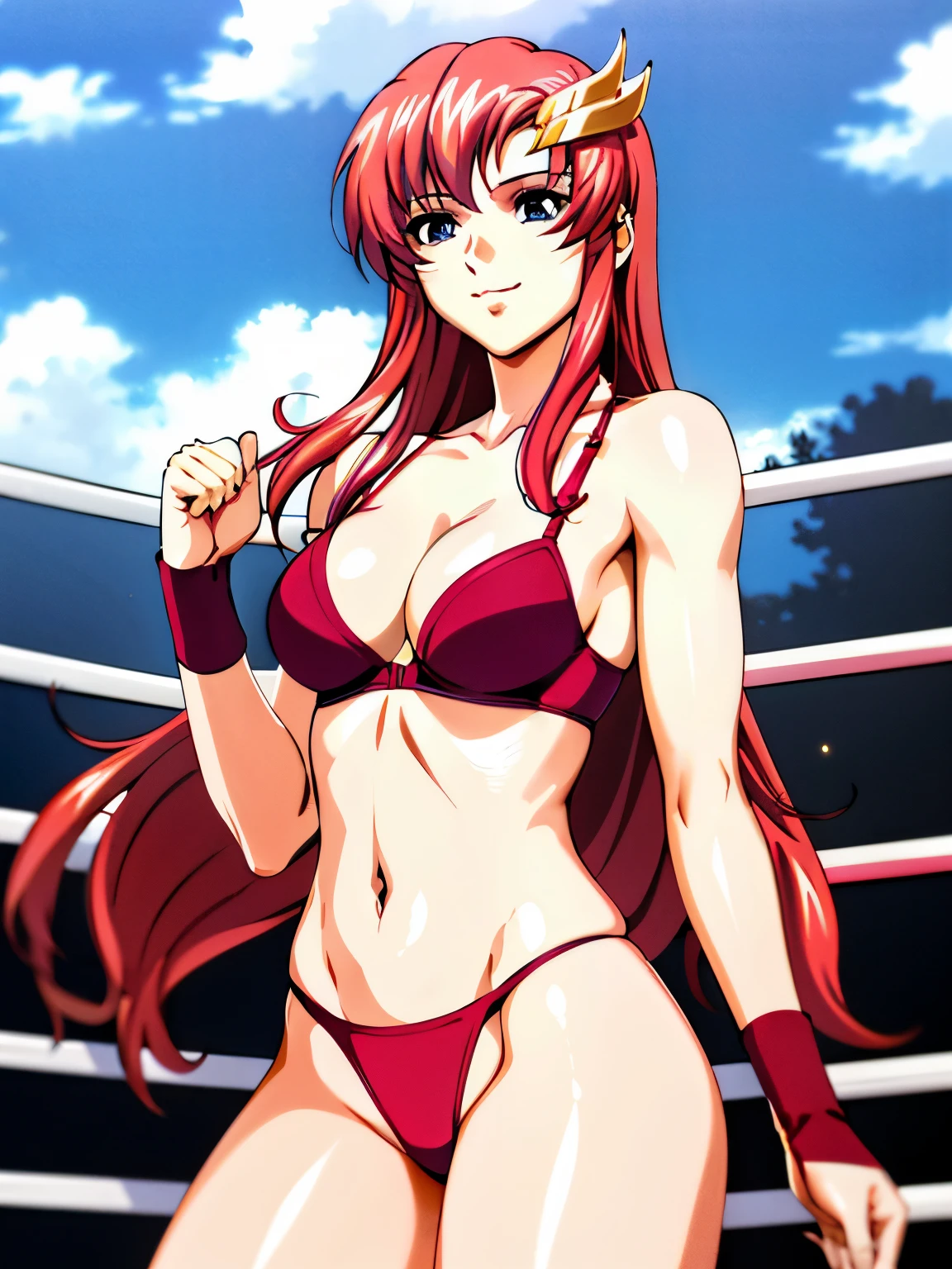 lacus4, (padded red bikini, running, mini thong, thin girl, masterpiece, cowboy shot, very slim shoulders, 4K, Best Quality, Anime style: 1.9, happy, Adult Woman, (ultra detailed head), (wrestling arena with crowd, cloud background), Drawing lines, high resolution, lacus4), 1girl, Solo, curvy figure, Long hair, clavicle, scapular, (Detailed wide hair bangs, Hair Ornament, Detailed reddish-pink hair, shiny streaks, slim arms, detailed golden crest), cleavage, large hands, (hair cover shoulders). (Big blue eyes, shiny eyes), ((female wrestler, (slim body), slim arms, closed fists, thighs)), ((perfect proportions, medium size breasts, medium thighs, long belly)), ((totally red bra)), smile with a wink, (standing, hot colors), detailed fingers, (bare shoulders)
