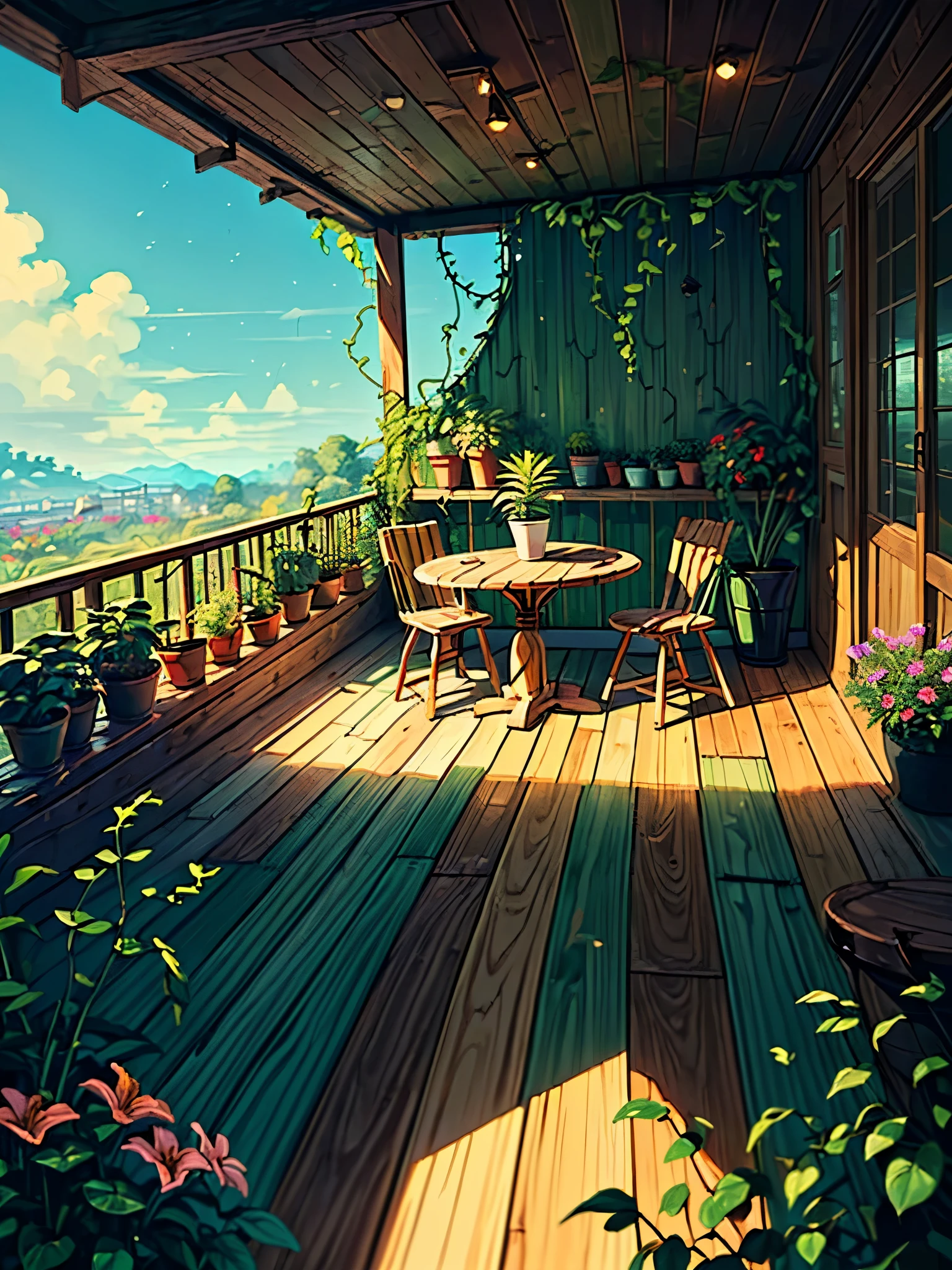 (masterpiece:1), (full wide view:1.5), (interior of a wooden balcony of olant nursery on top floor of a building :1.6), (lo-fi vibe:1.3), (bright day:1.5), (exotic plants:1.3), silence, (green grasslands visible from balcony:1.4), (blue vast wide open sky:1.5), (soft bright glow of vibrant tones:1.4), magnificent sky, (volumetric light:1.2), peaceful, (vibrant colorful big flowers all around:1.5), (nature:1.3), (nature ambience:1.3), (wooden chair and table:1.5), (different hues of green vines everywhere:1.4), (beautiful aesthetics:1.2), (plant pots with tropical plants:1.4), beautiful tones, subtle colors, peaceful, (illustration: 1.0), epic composition, realistic lighting, (no human:1.6), HD details, masterpiece, best quality, ,