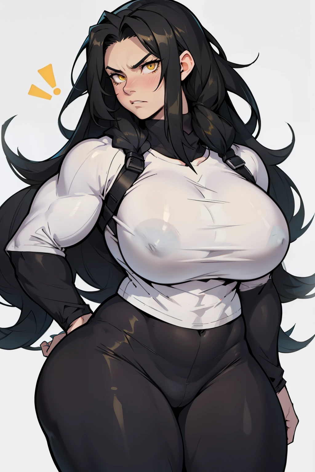 1girl solo black hair yellow eyes very long hair pale skin muscular muscular muscular muscular toned body huge muscles thick thighs girl tight clothes angry blushing messy hair leggings tight shirt long sleeves thick thick thick thick thick thick
